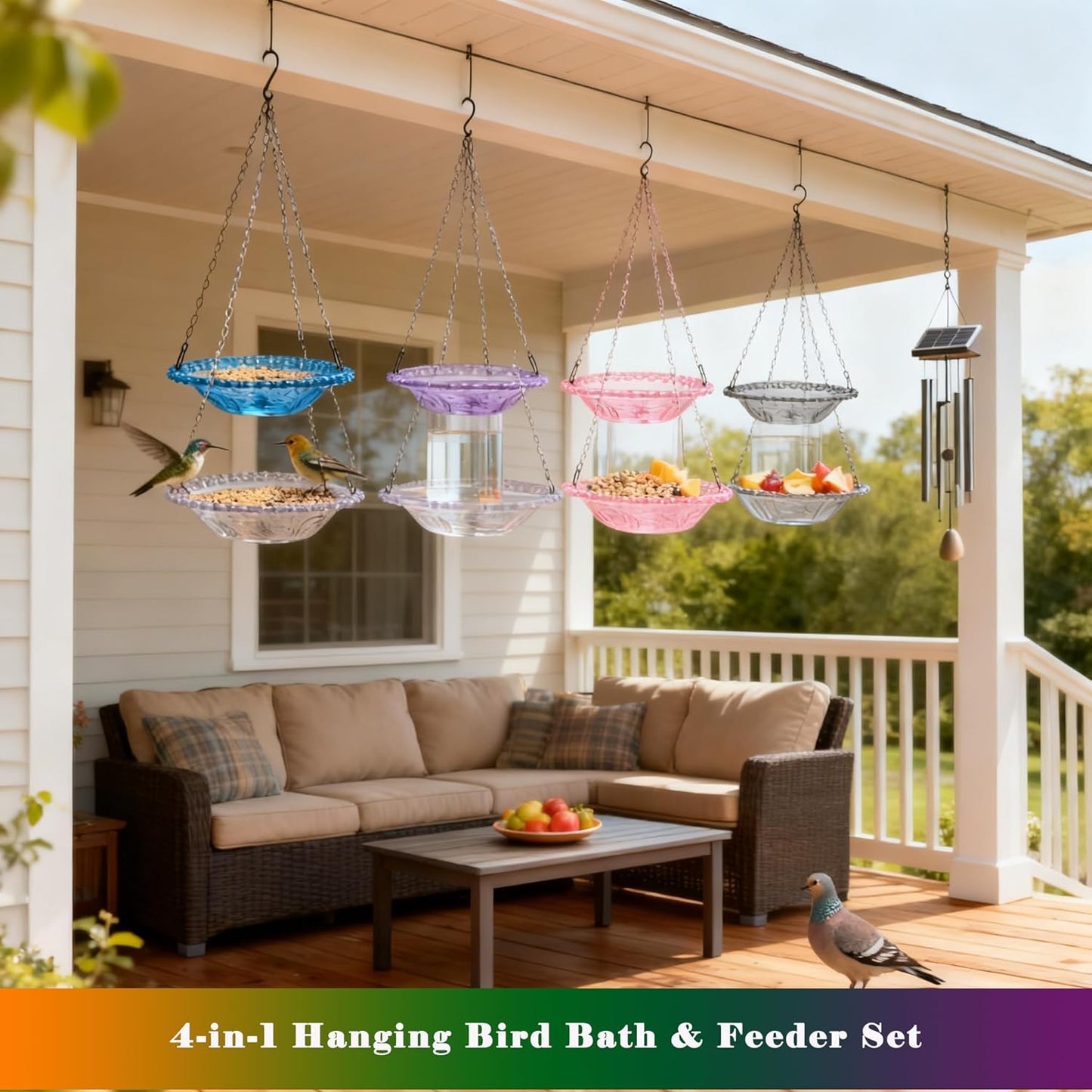 4 Pack Super Value Hanging Plastic Bird Baths and Feeders for Outdoors Bird Water Bowls and Seed Trays Set Attract Wild Birds Garden Yard Decor Gift (Blue Pink Gray Purple)