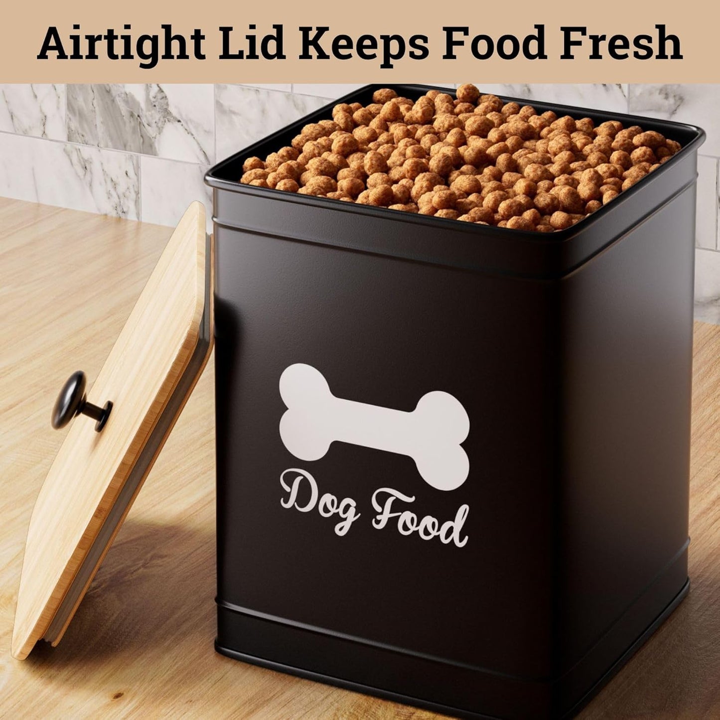 Dog Food Container Airtight 5-7 lb (25 Cup) Capacity - Cute Airtight Dog Food Storage Container with Bamboo Lid & Sturdy Metal Handle - Black Metal Kibble Storage Bin for Dogs up to 50 lbs - Pet Jar