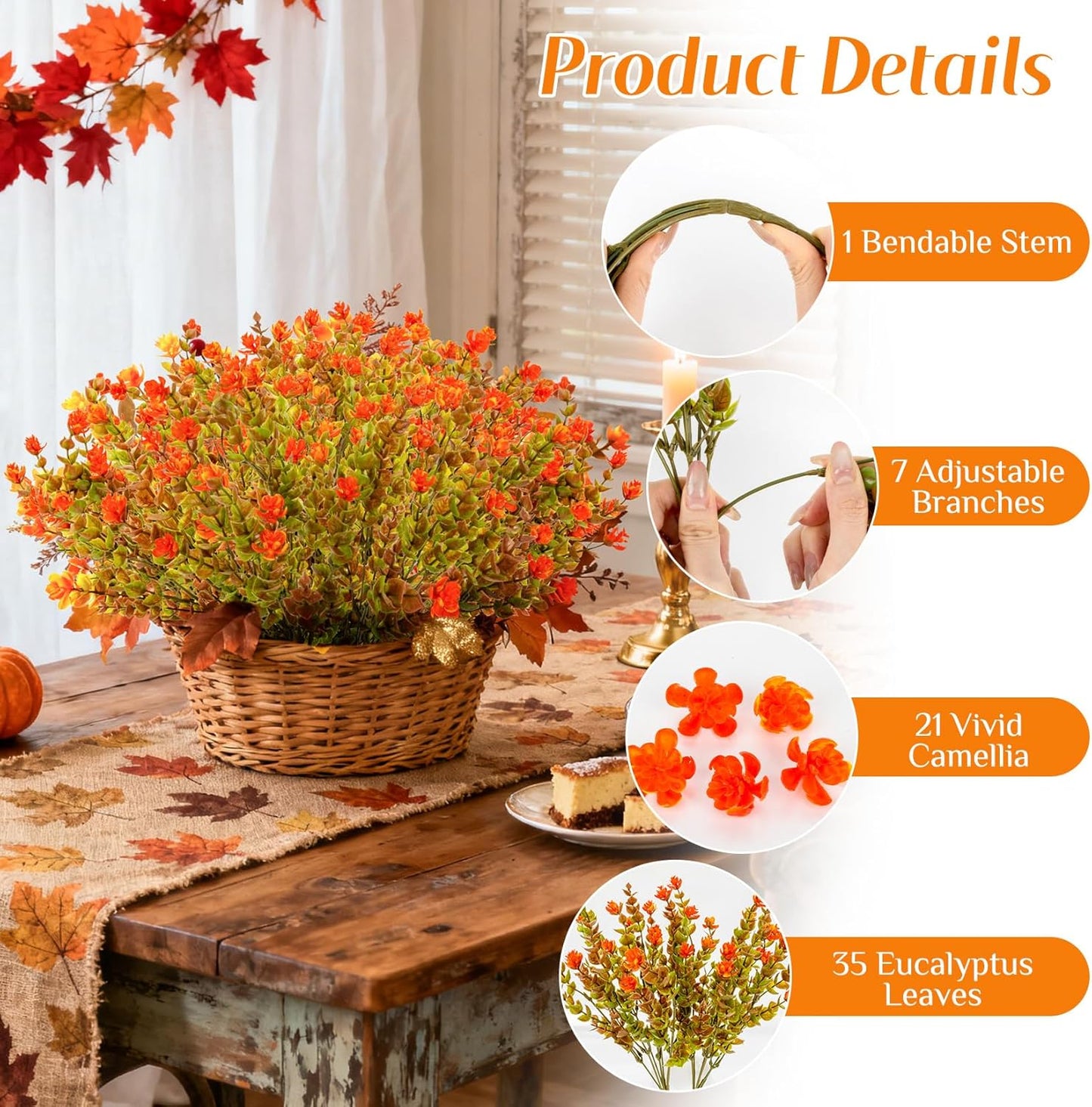 Artificial Fall Flowers for Outdoors - 4PCS Faux Autumn Plants, UV Resistant Fake Eucalyptus Stems with 84 Mini Orange Camellia for Vase Christmas Thanksgiving Wedding Party Garden Decor