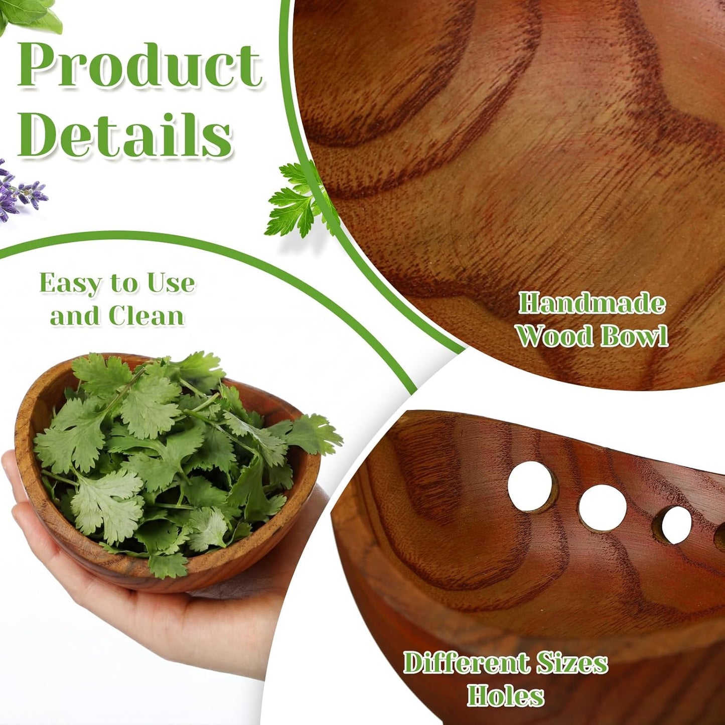 Novabright 2 Pack Wooden Herb Stripper Bowls, Wood 5 Holes Kitchen Herbs Peeling Bowl, Leaf Stripping Peeler for Separating Leaves and Stems, Salads & Cooking, Pottery Kitchen Tool