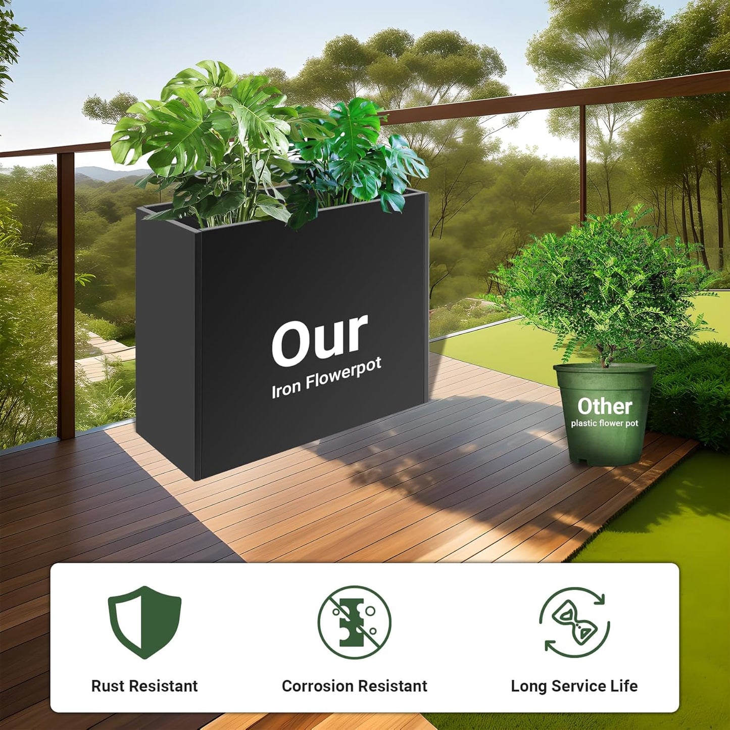 36" Metal Planter Box, Large Rectangular Window Box with Drainage Holes & Rust-Proof Coating, Modern Outdoor/Indoor Flower Box for Balcony, Patio & Herbs, Black
