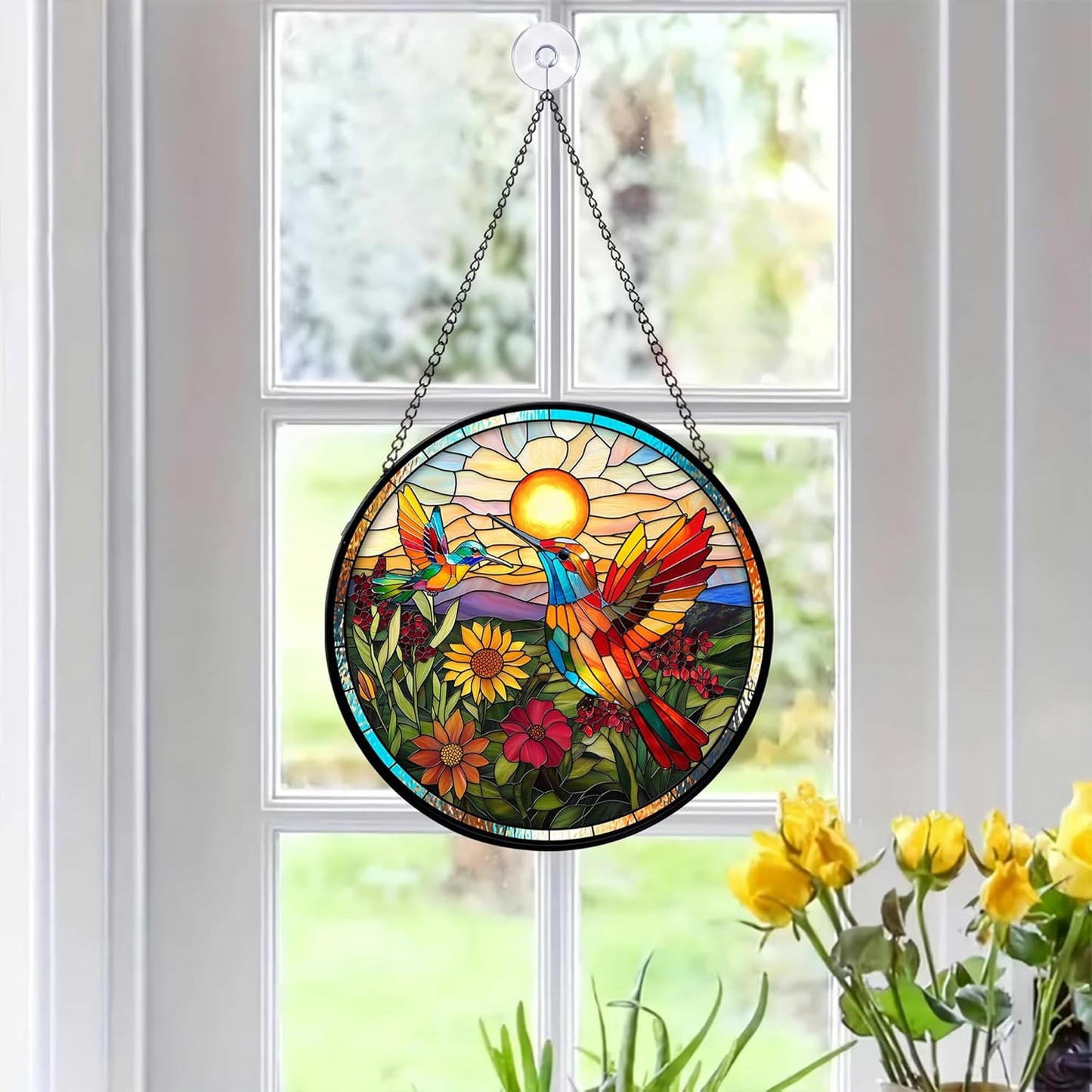 7.8'' Hummingbird Suncatcher Stained Glass Window Hanging Birds Glass Panel with Metal Chain and Hooks Suncatchers Door Home Decor Mother's Day Christmas Gift for Women Mom Nana Bird Lovers