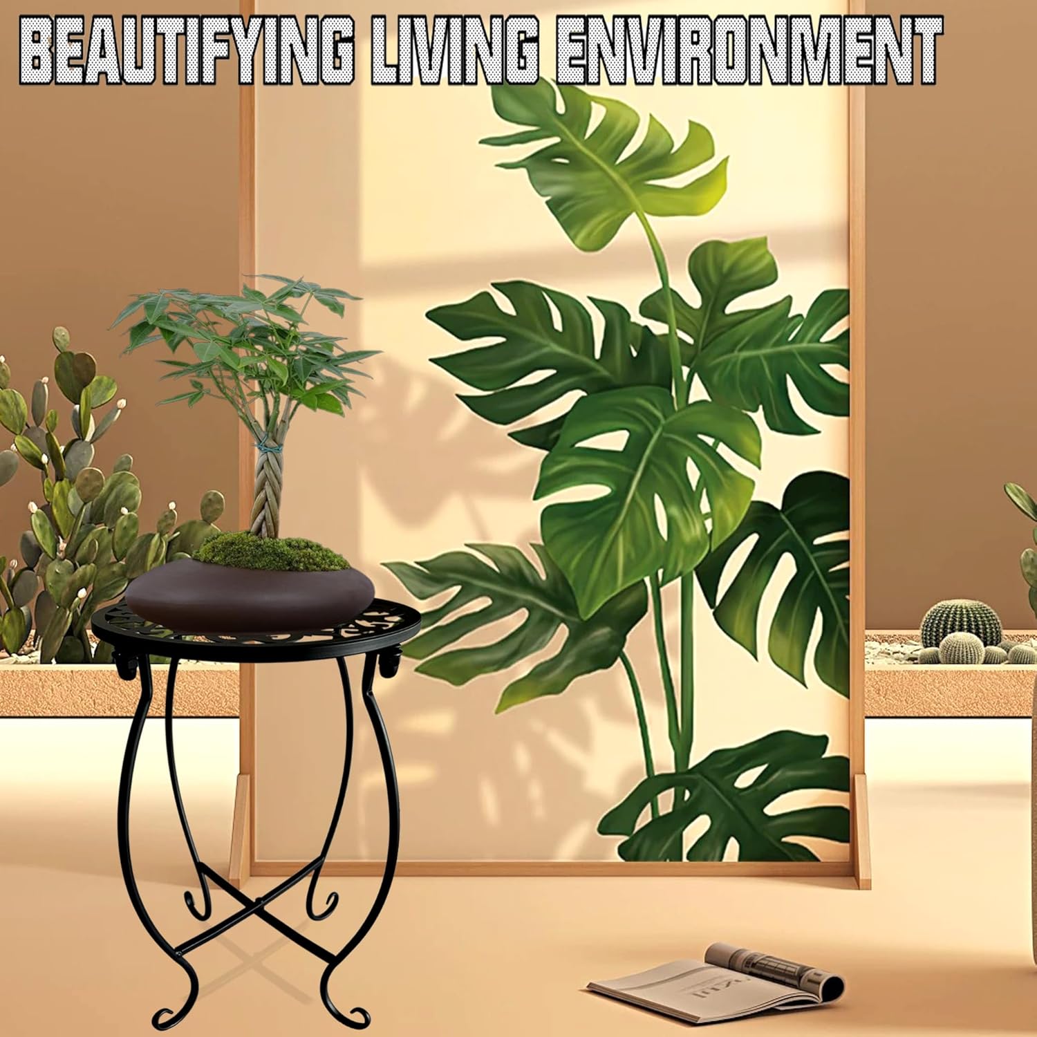 Plant Stand Indoor Outdoor, 15" Tall Flower Pot Stand, Round Metal Cor