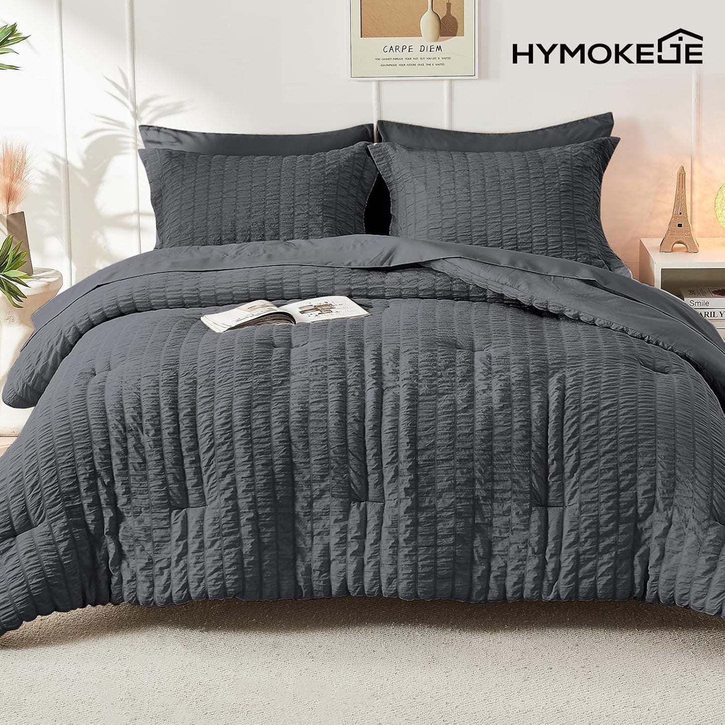 HYMOKEGE Queen Comforter Set Seersucker 7 Pieces, All Season Luxury Be