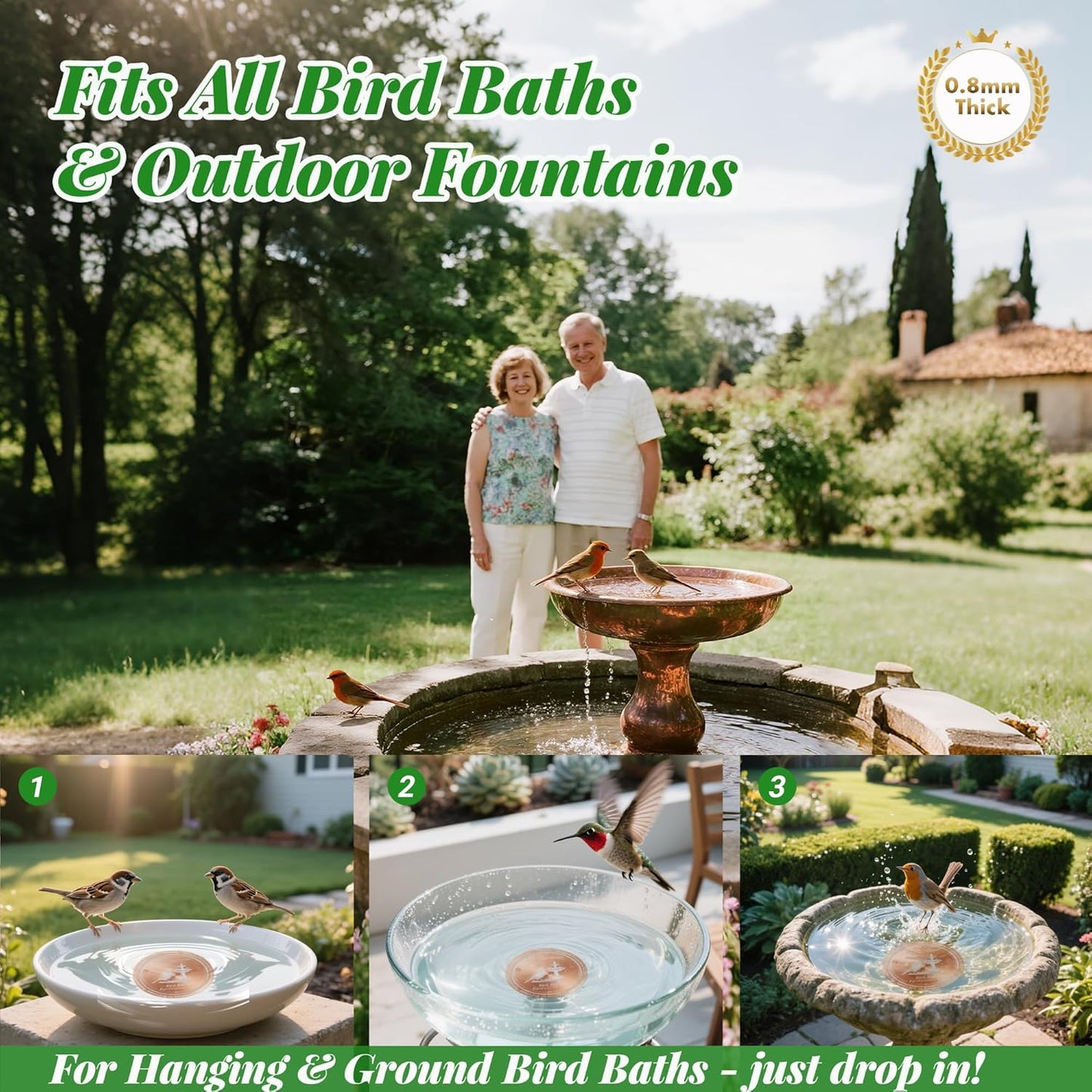 0.8mm Reinforced 99.99% Pure Copper Bird Bath Disk - Triple-Point Support Design for Physical Safe Water Maintenance, Universal Fit All-Season Outdoor Birdbaths Bowls, 1Pcs
