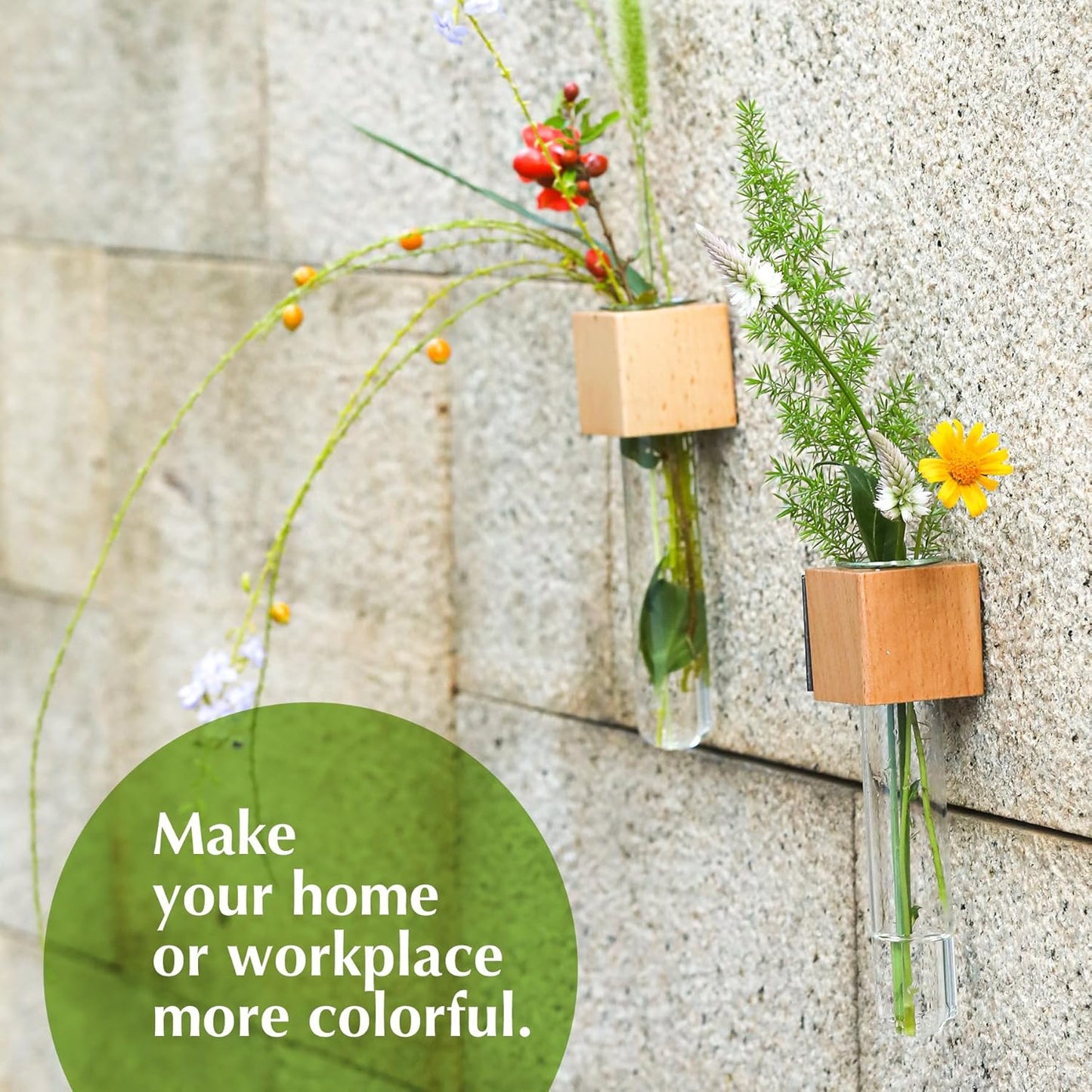 Wooden Wall Planter Glass Plant Propagation Stations Fridge Glass Tube Single Stem Bud Vase 2Pcs/Set Modern Decorative Cube Wood Window Flower Vase Refrigerator Magnetic Mini Glass Vase with Dropper