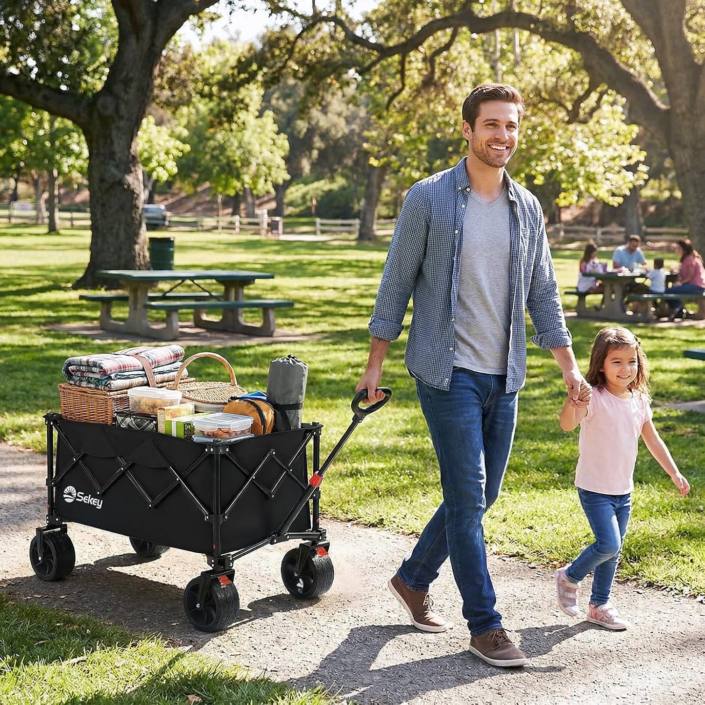 Sekey 150L Wagons Carts Foldable with Big All-Terrian Beach Wheels, Collapsible Heavy DutyWagon with Cup Holders, Extra Large Folding Wagon,Foldable Wagon for Camping, Garden, Sports. Black