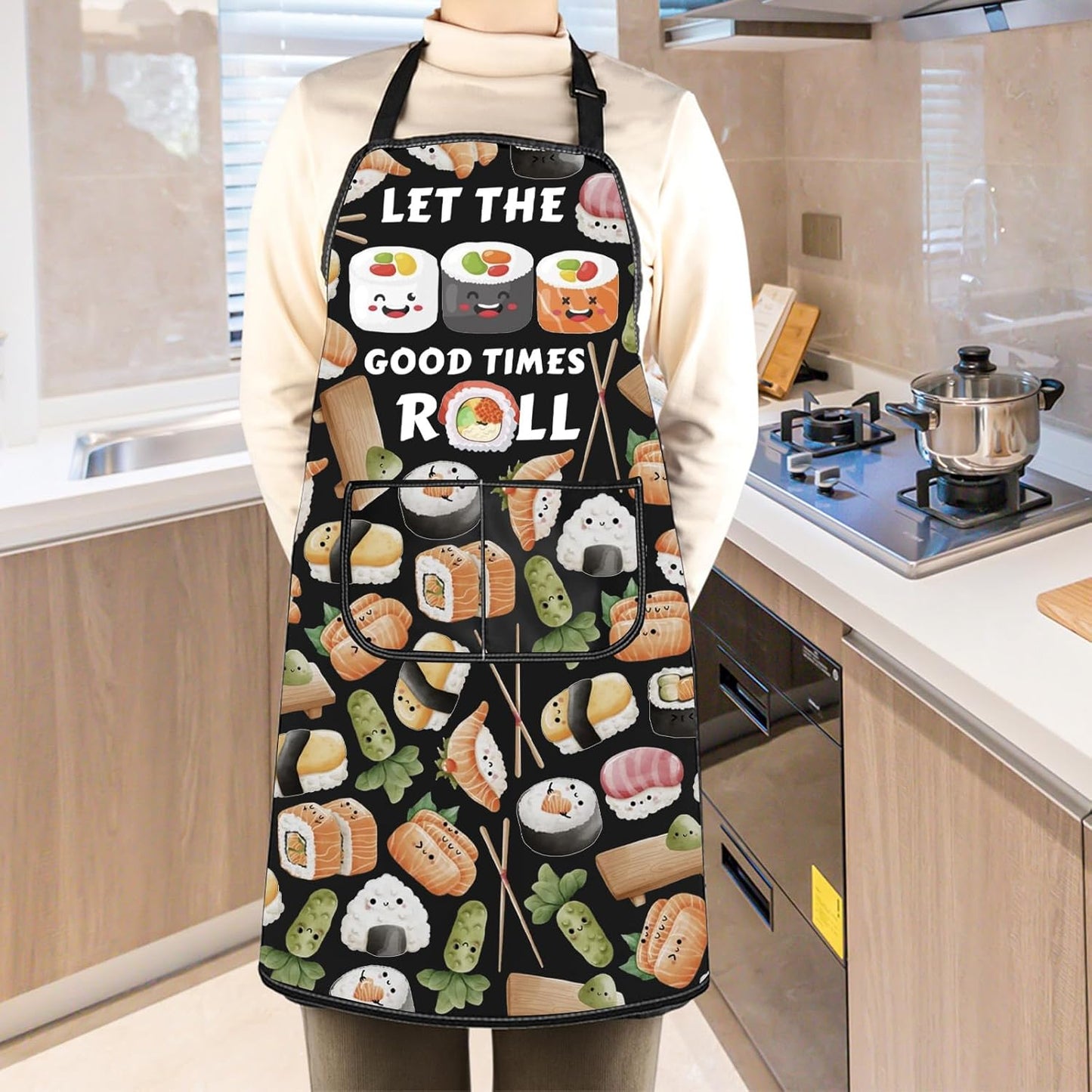 WCGXKO Japanese Asian Food Themed Kitchen Apron Let the Good Times Roll Sushi Anime Kawaii Apron for Sushi Lover