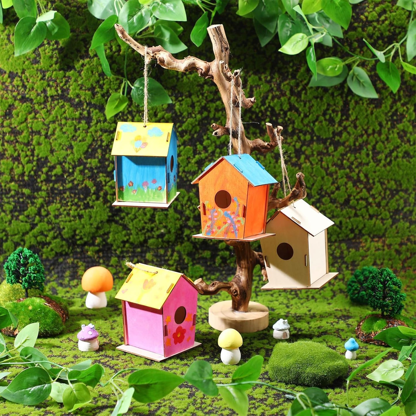 DoubleFill 48 Pcs 4.33" Wooden Bird Houses Bulk for Kids DIY Unfinished Hanging Birdhouse for Crafts Art Wood Toys boy Girl Class Activity Creative Project Parties Design Valentines Crafts