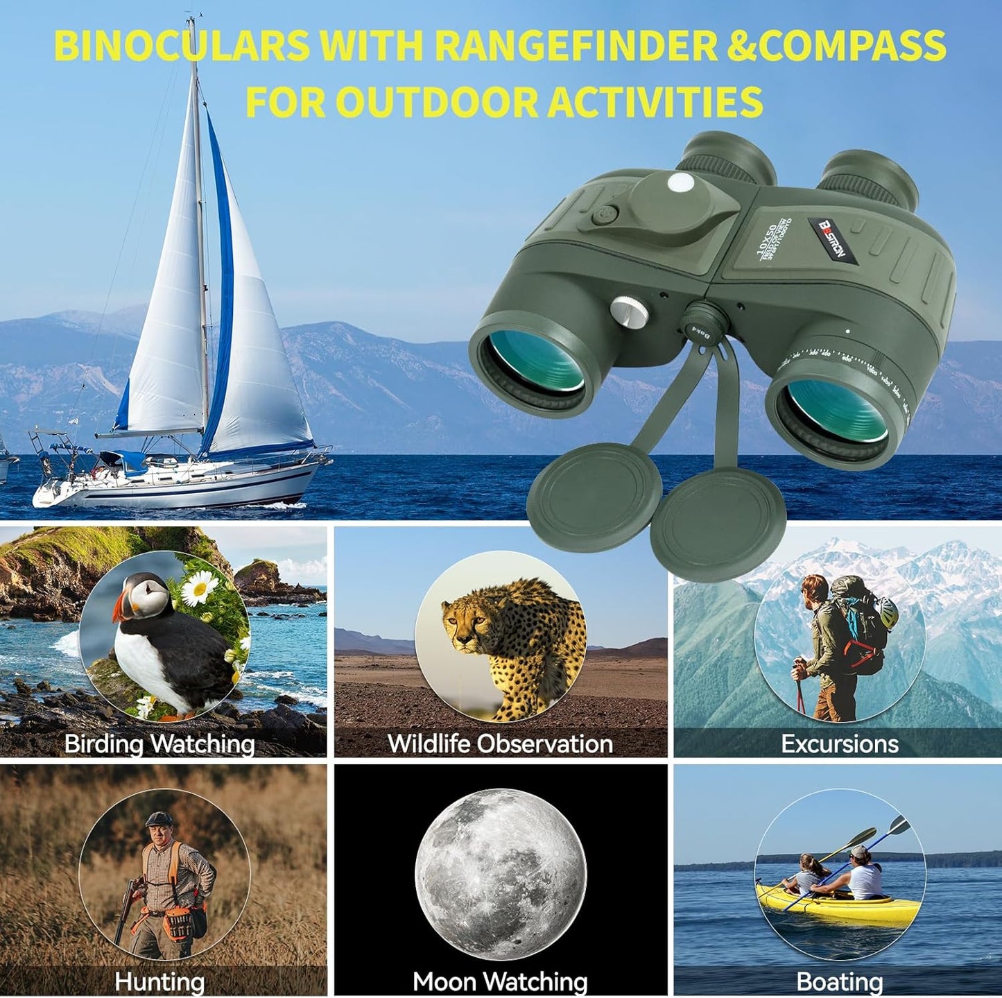 10X50 Waterproof Fogproof Military Marine Binoculars w/Internal Rangefinder & Compass, Marine Binoculars for Adults with BAK4 Prism FMC Lens for Navigation Bird Watching Hunting