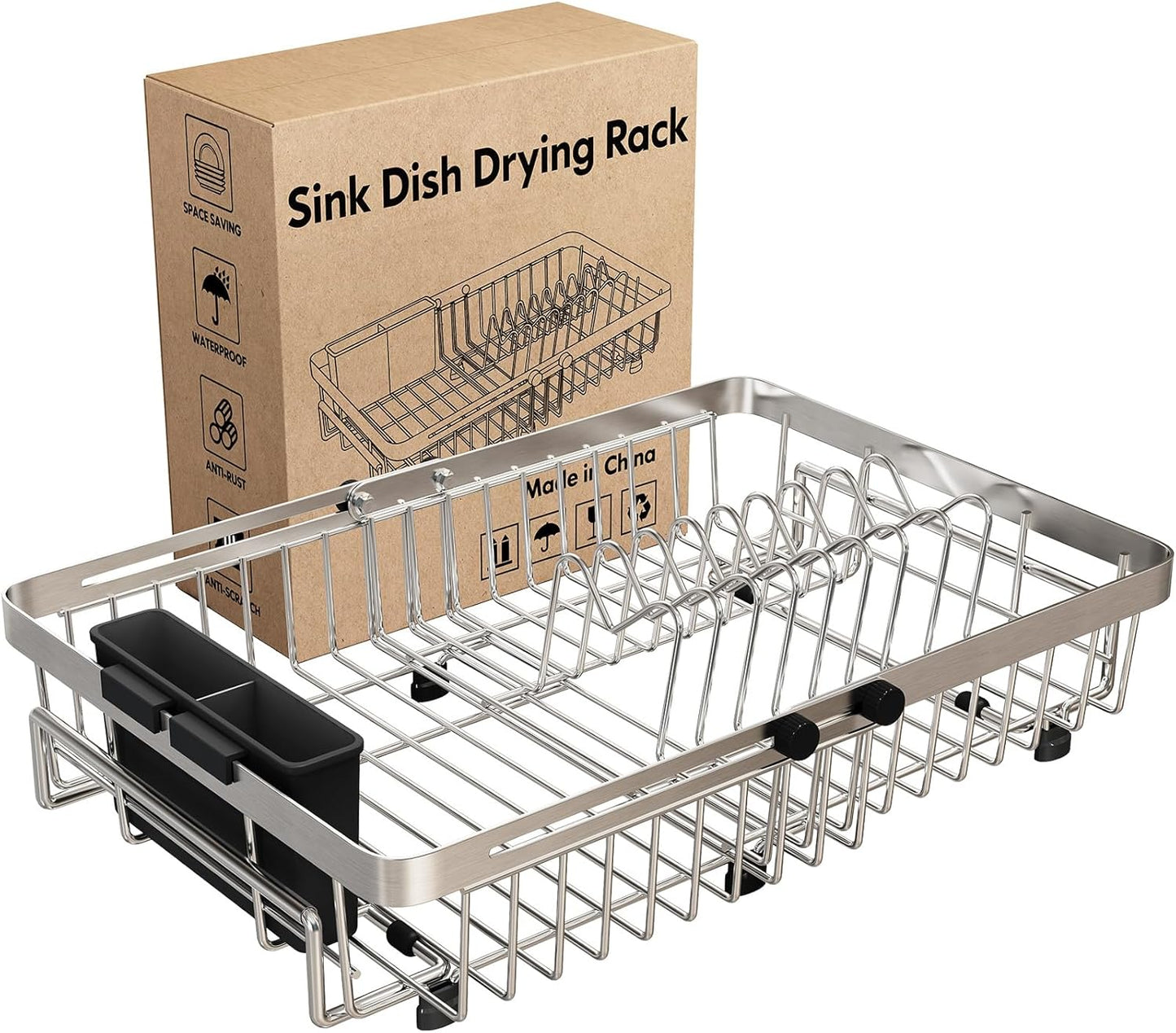 MAJALiS Expandable Stainless Steel Over The Sink Dish Drying Rack for Small Kitchen, Counter Space Saving, Hanging Compact RV Plate Drain Strainer in Silver Wire Metal with Adjustable Utensil Holder