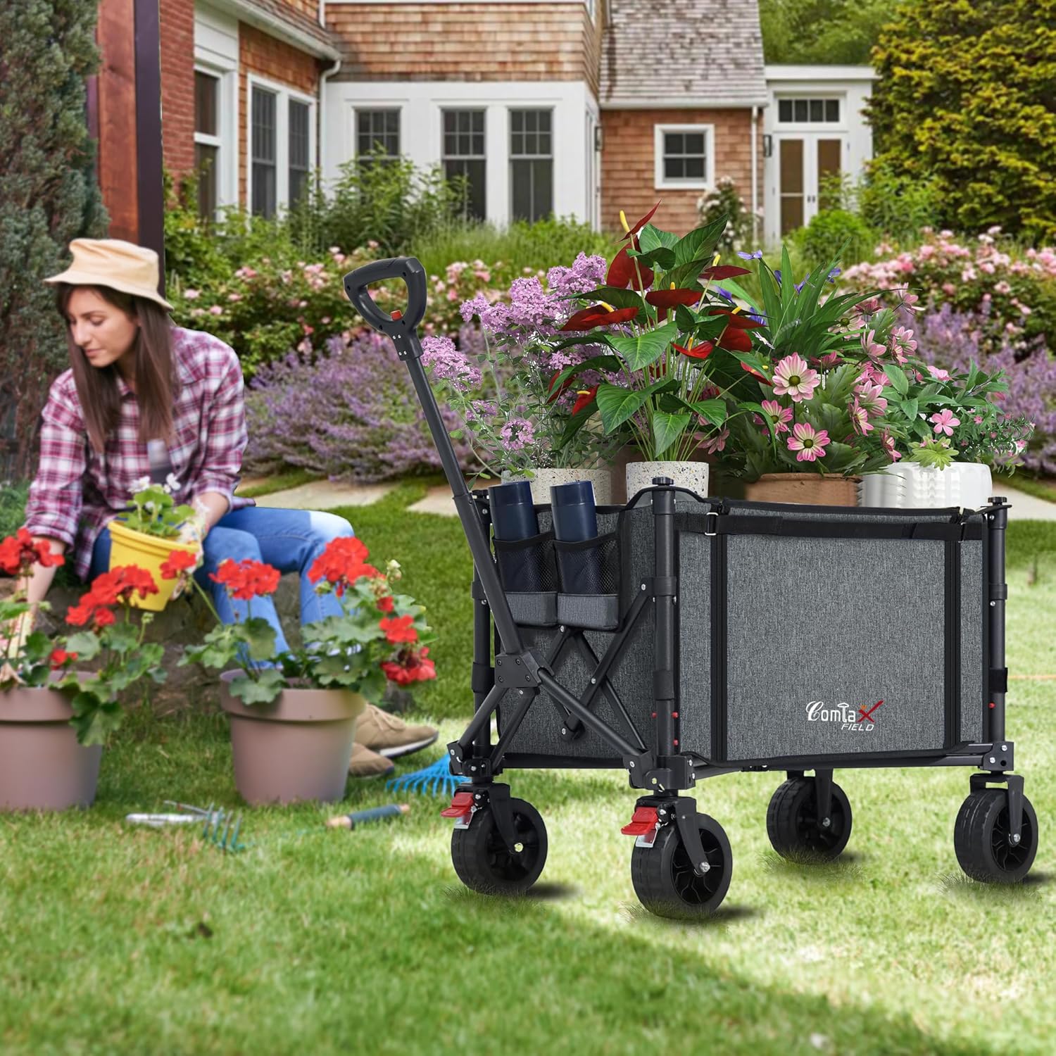 Collapsible Wagon Cart Foldable with Big Wheels Brakes, 250lbs Folding