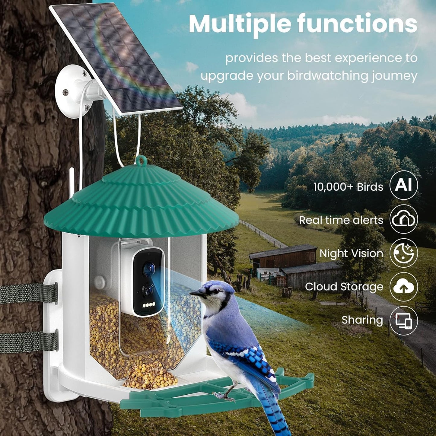 Bird Feeder with Camera,Ai Recognition 10000+ Species,3K Video with Noise Reduction,Solar Powered Bird House for Outdoors Bird Watching