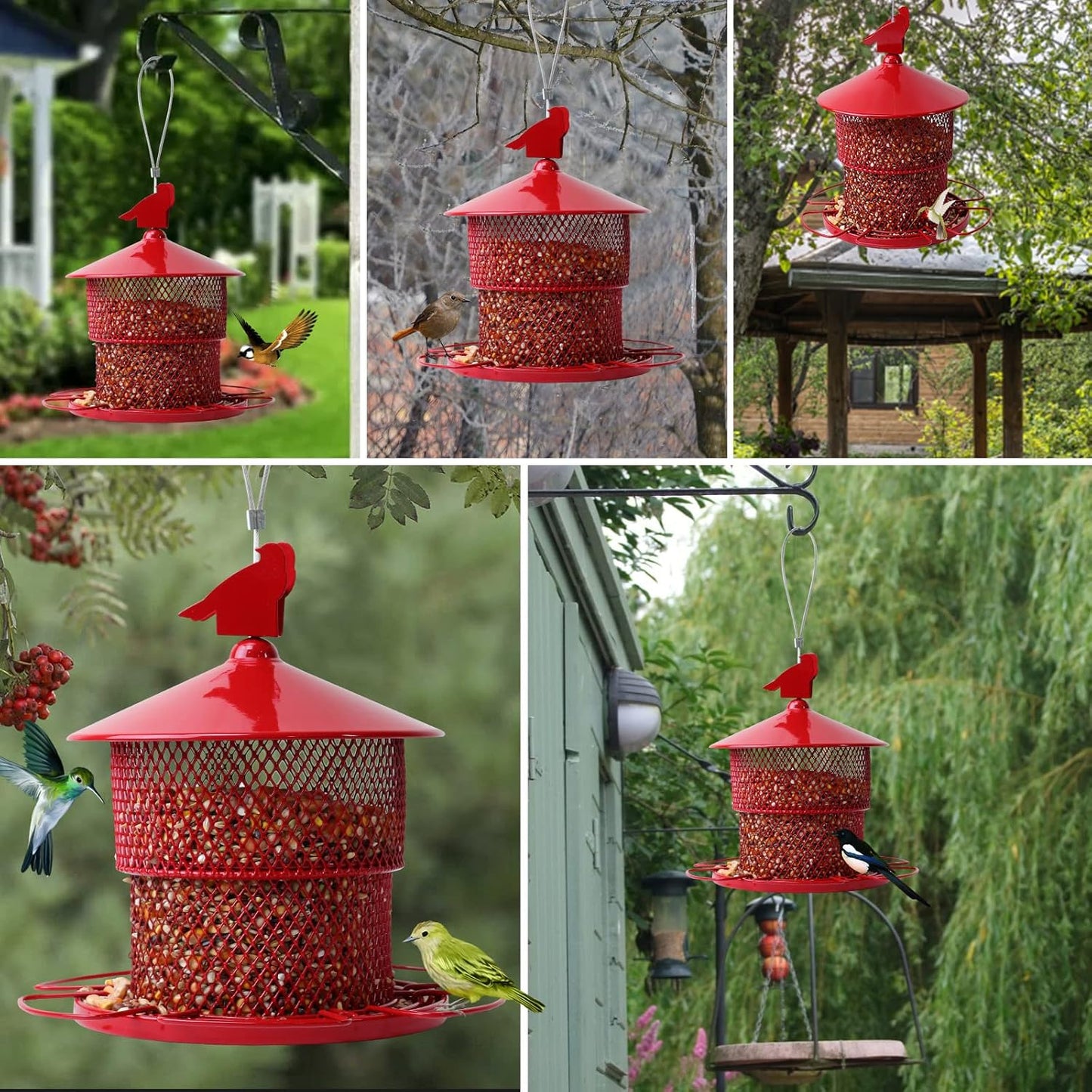 Metal Bird Feeders for Outdoor Hanging,Large Cardinal Bird Feeders Squirrel Proof Mesh Tube Wild Bird Feeder,Finch Seed Feeder with 4lbs Capacity for Chickadee Blue Jay(Red)
