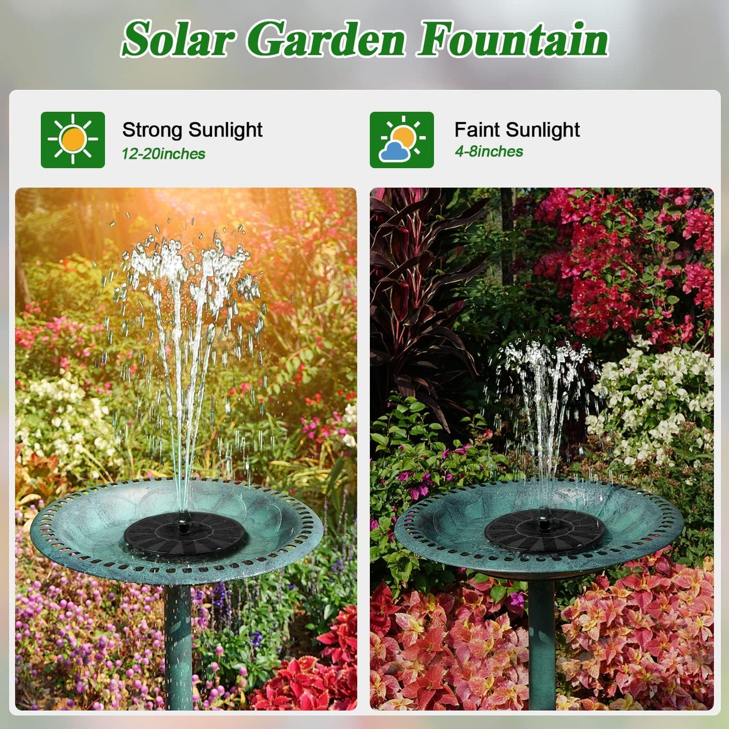 Solar Fountain 100% Glass Covered, Solar Powered Hummingbird Water Fountain, Outdoor Bird Bath Fountain Pump with 8 Nozzles & 4 Fixers for Garden, Pond, Pool, Fish Tank Decoration