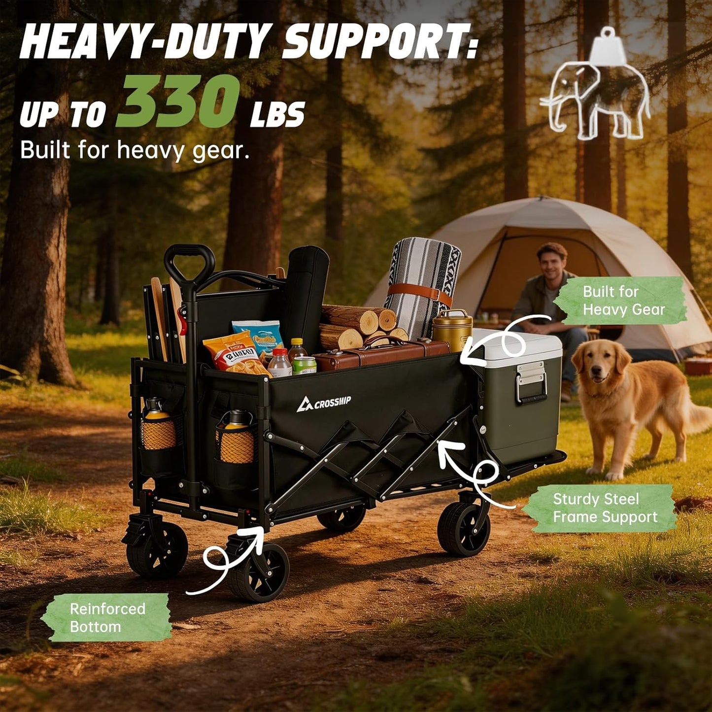 Collapsible Wagon Cart with Drop-Down Tailgate, 150L Heavy Duty Foldable Garden Cart 350 lbs Capacity, All-Terrain Wheels Utility Wagon for Beach, Camping, Long Items & Pet Transport