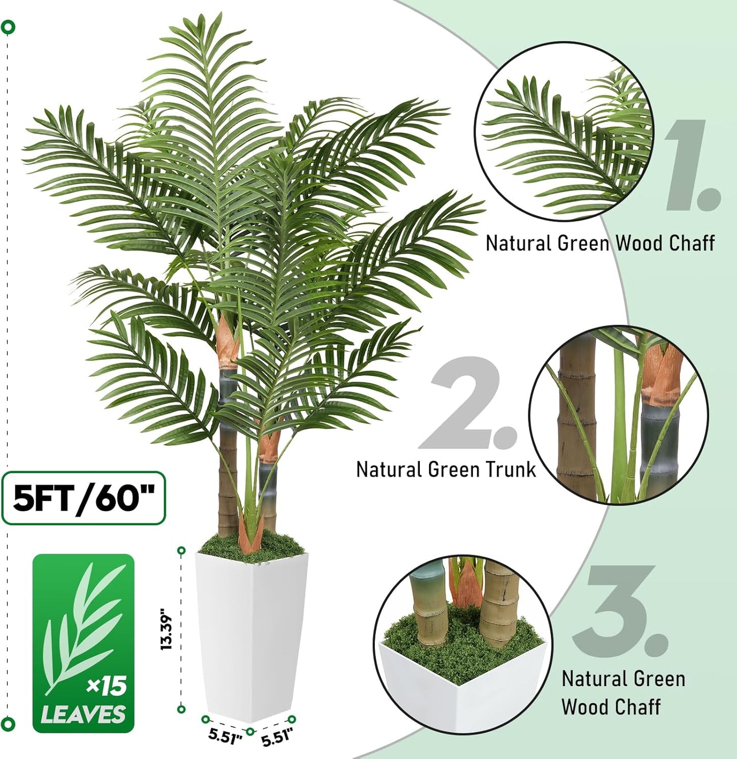 5ft Artificial Palm Tree Indoor Plant with White Tall Planter, Faux Silk Tropical Areca Floor Plant in Pot, Artificial Plants with Lifelike Leaves for Home Office Decor