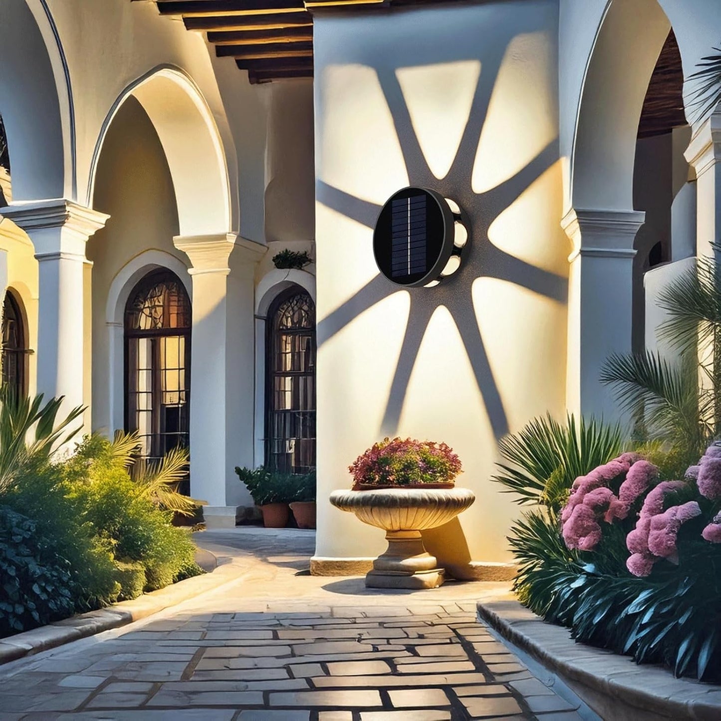 Outdoor Wall Lantern, Circular Solar Lamp with Sunburst Effect, Waterproof LED Mounted Lighting Fixture for Porch Patio Garden Yard Terrace Villa Driveway Entryway Path Gate Cottage(Large)