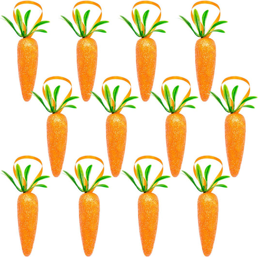 CLESDF Easter Carrot Hanging Ornaments - 12Pcs Premium Foam Glitter Artificial Carrots for Easter Decoration