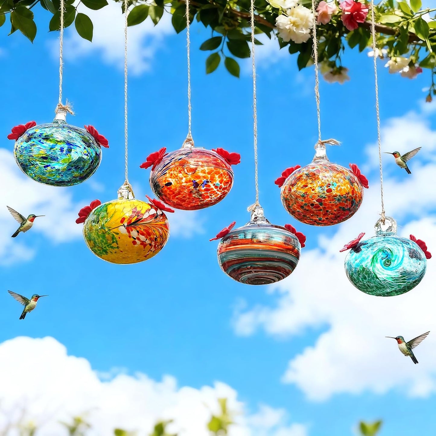 kanpura 6 PCS Hummingbird Feeders for Outdoors Hand Blown Glass Hummingbird Feeder with 2 Flower Feeding Ports Never Fade, Gardening Gifts for Woman Man
