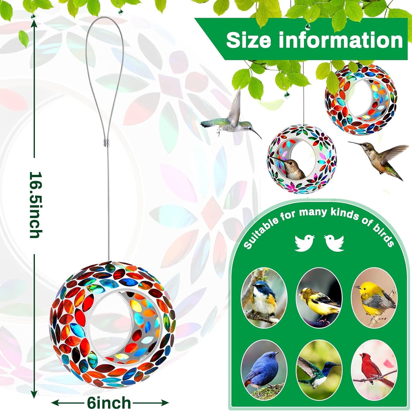 2 Pcs Mosaic Glass Hanging Bird Feeder Round Fly Through Balcony Bird Feeder for Backyard Window Outdoor Garden Deck Porch Decor