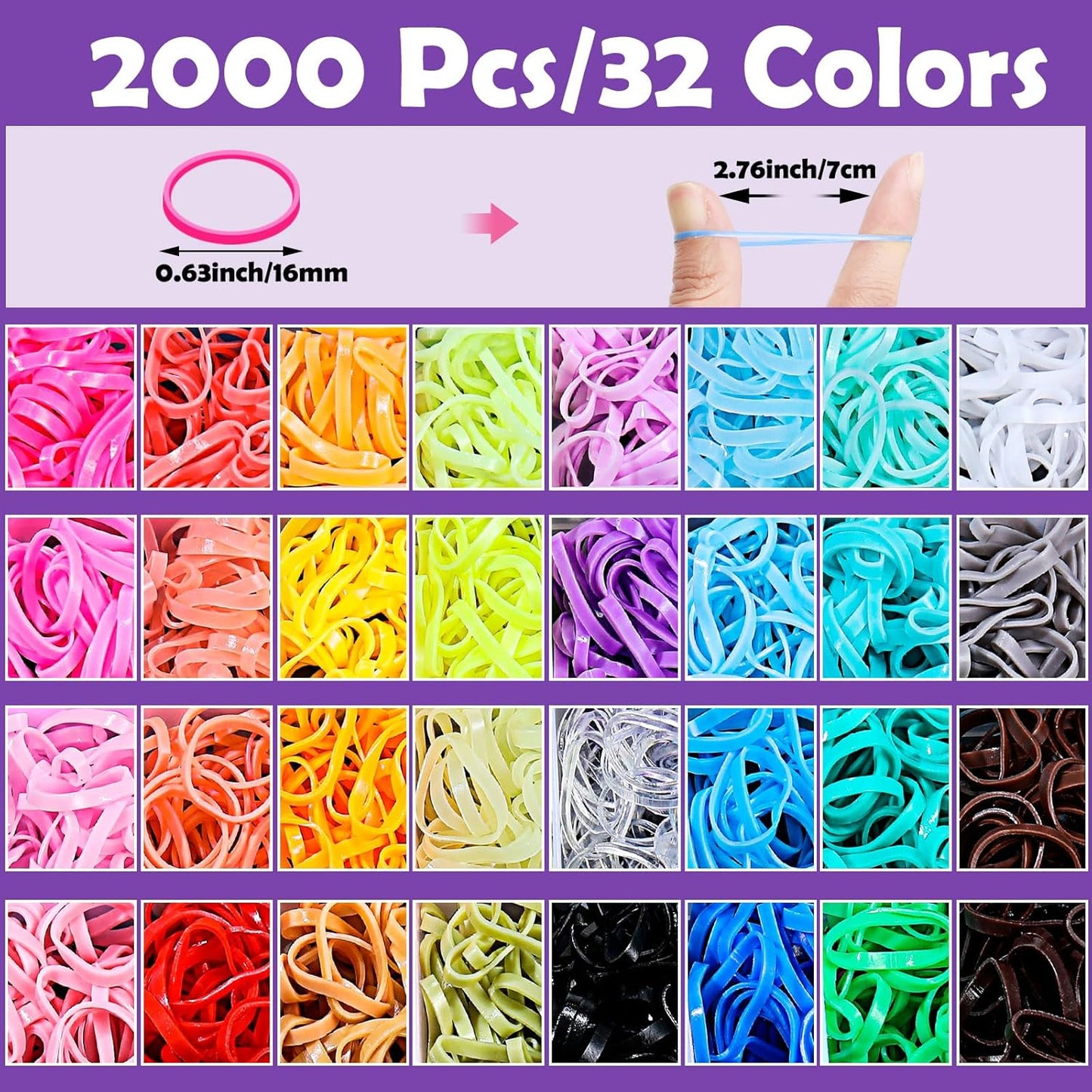32 Colors Small Hair Rubber Bands with 16 Styling Tools, 2000 Pcs Elas