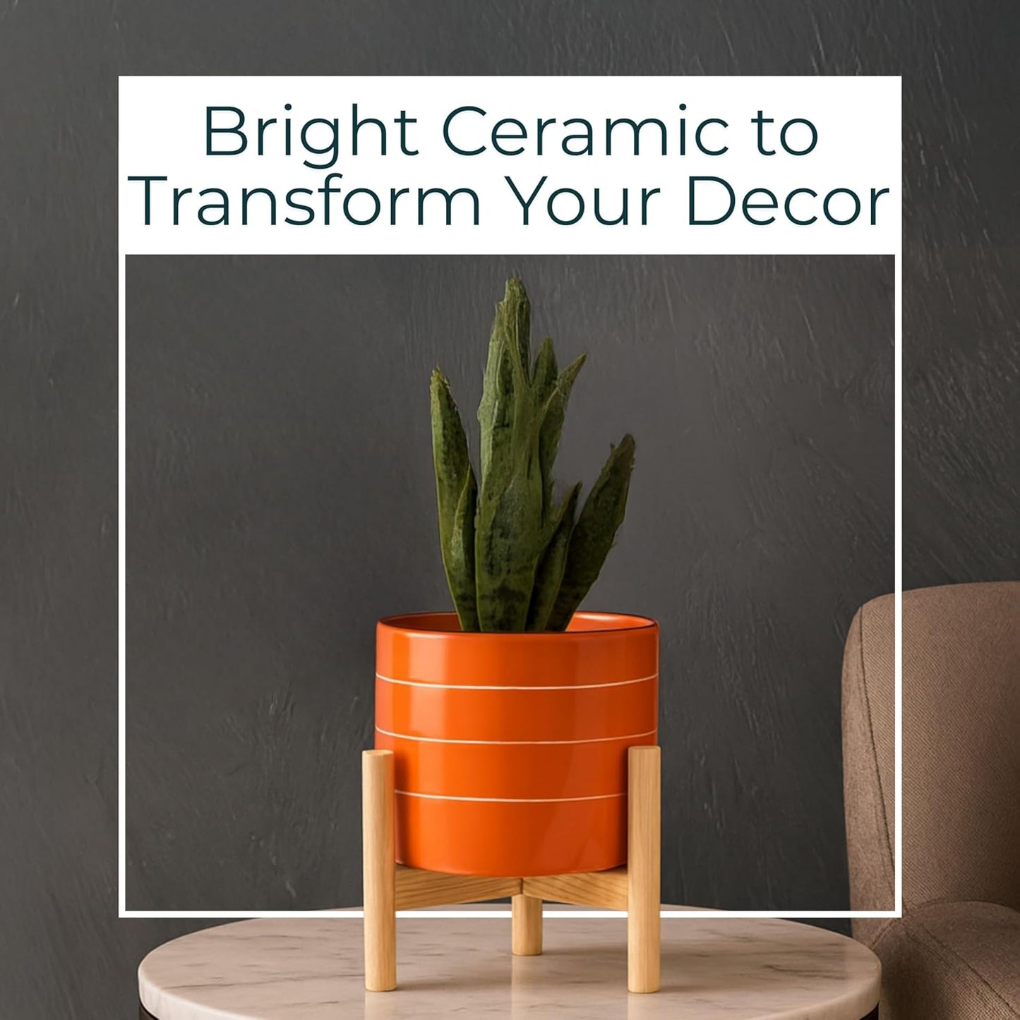 Striped Decorative Planter Pot with Wood Stand – Vibrant Ceramic Stone
