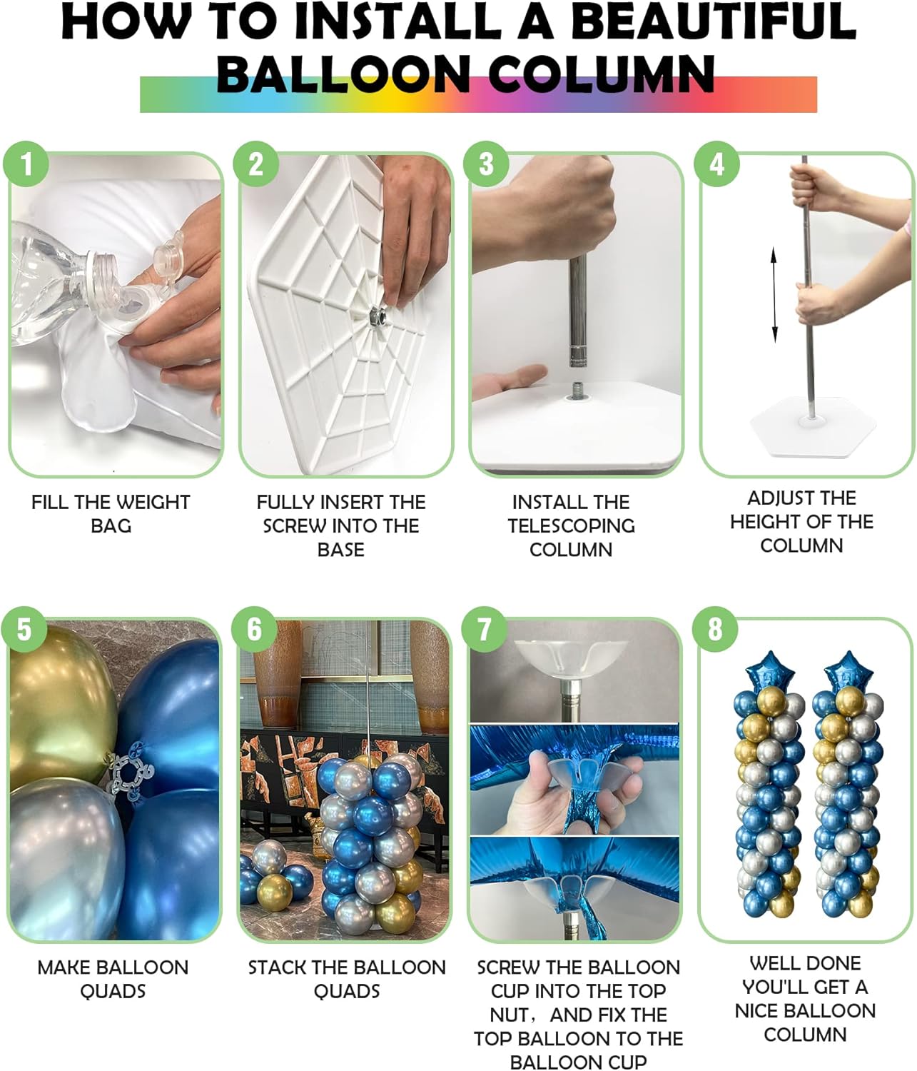 YALLOVE Balloon Column Stand Kit Sets of 2, 7 Feet Height Adjustable Balloon Tower Pillar with Reusable Metal Telescopic Design for Birthday, Wedding, Baby Shower, Graduation Party Decoration