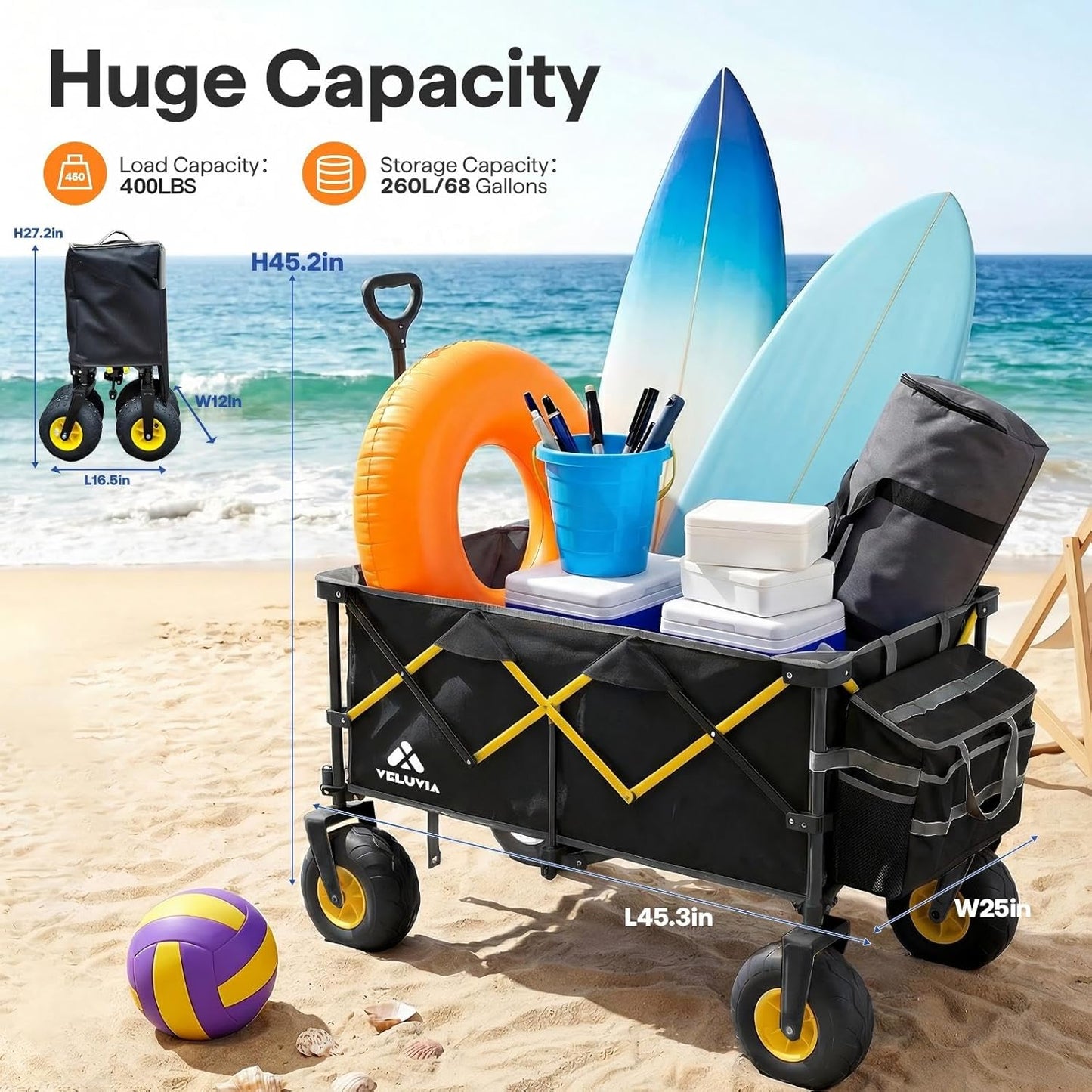 Beach Wagon with Big Wheels - Heavy Duty Foldable All Terrain Cart with 9" Balloon Wheels for Sand - Large Collapsible Beach Dolly with Upgraded Sand Tires & Detachable Cooler Bag, Black