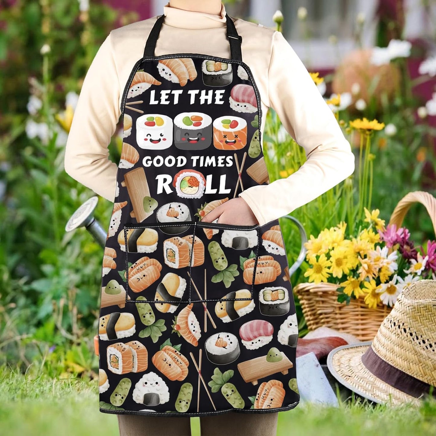 WCGXKO Japanese Asian Food Themed Kitchen Apron Let the Good Times Roll Sushi Anime Kawaii Apron for Sushi Lover