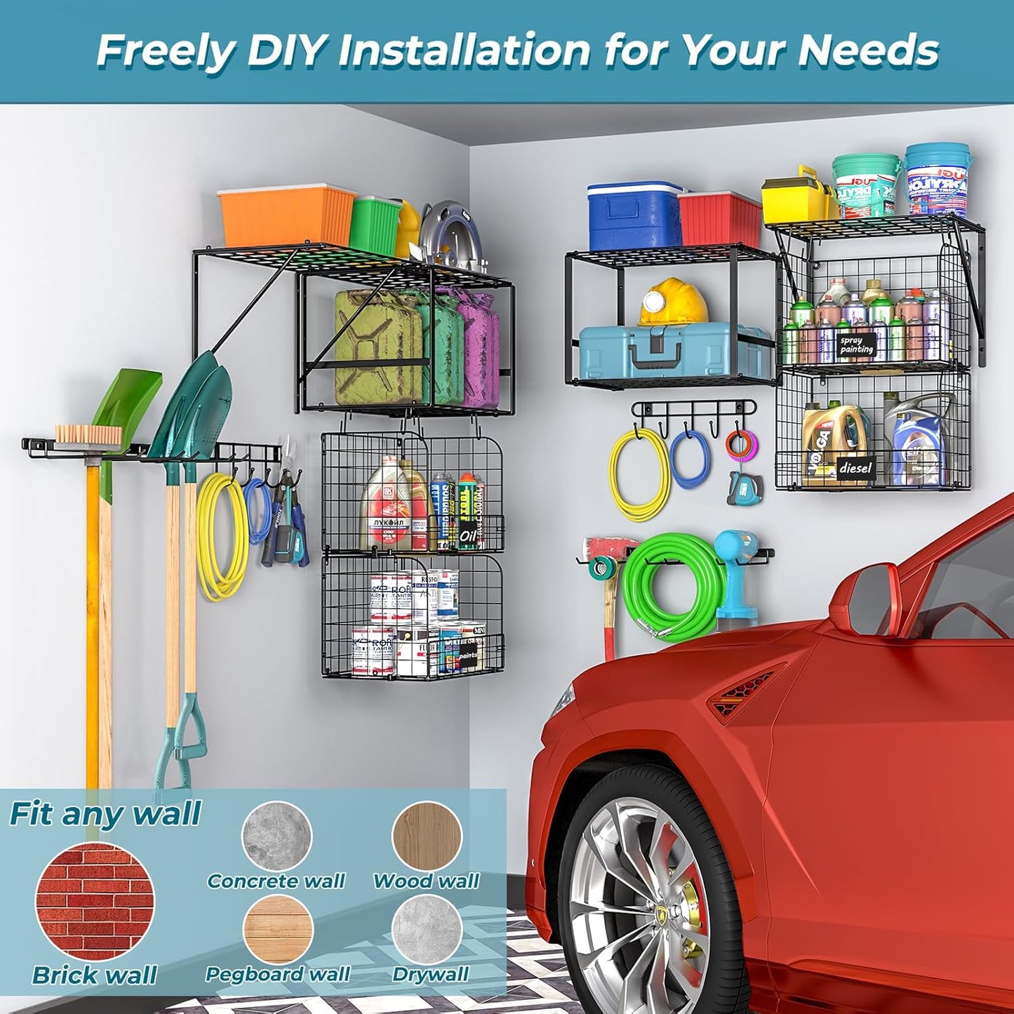 Garage Shelf Wall Mounted with Wire baskets, Heavy Duty Garage Wall Shelving with Garden Tool Rack and Hooks, Wire Shelf Baskets Tool Organizer for Home Garden Yard Organization and Storage