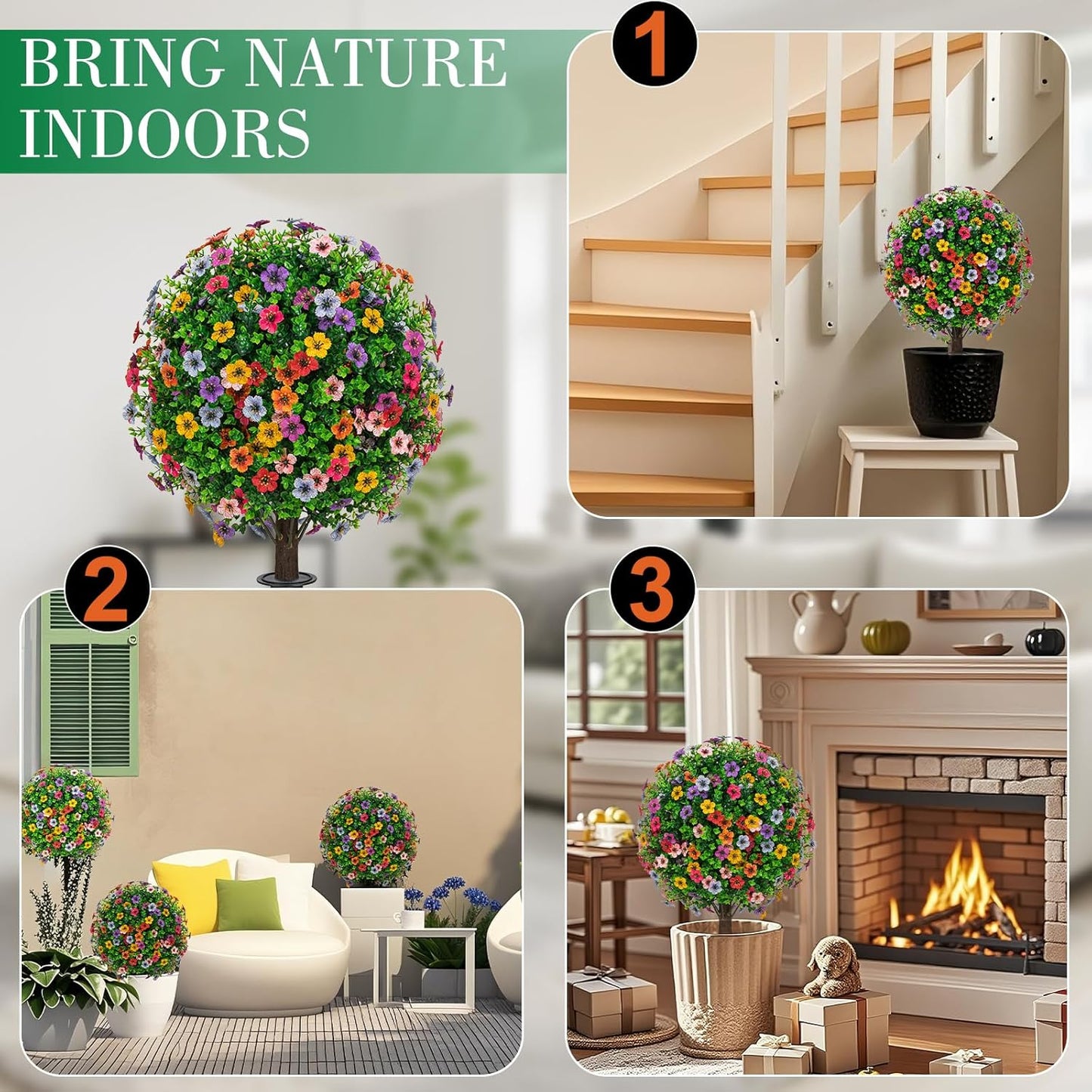 23" Artificial Boxwood Topiary Ball Trees with Colorful Flowers, Set of 2 UV Resistant No Fade Outdoor Faux Plants with Ground Spike, Fake Shrubs for Garden, Patio, Porch, Yard, Indoor Decor