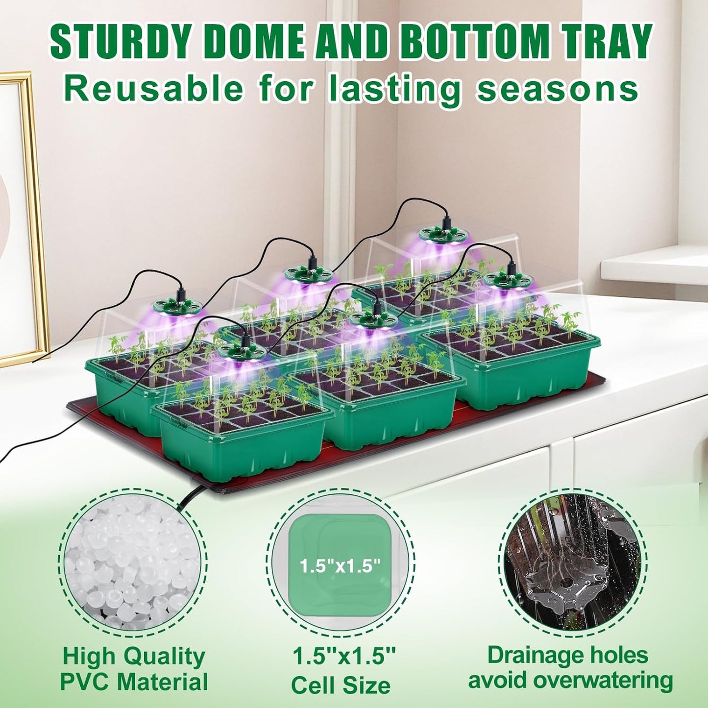 Apipi Seed Starter Tray with Grow Light & Heat Mat- 6 Pack 72 Cell Dur