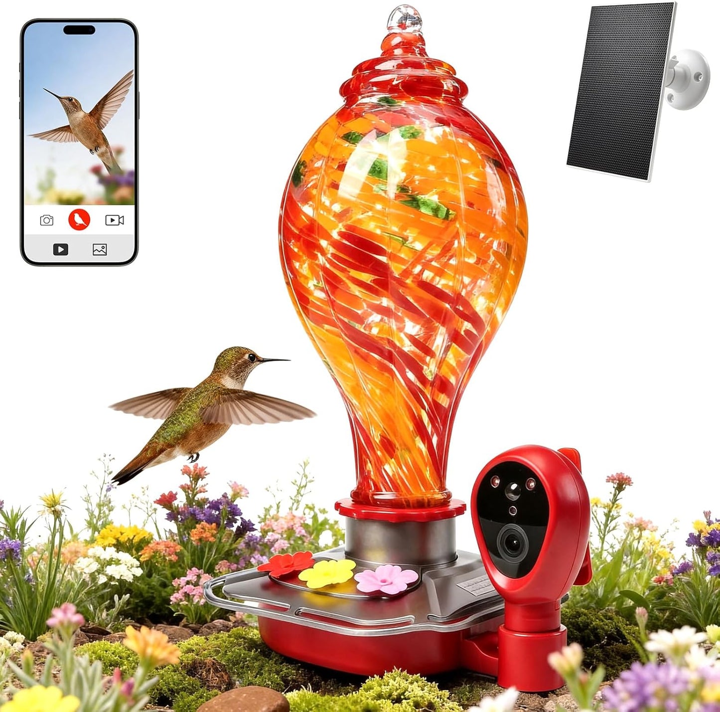 Smart Hummingbird Feeder with Camera, Solar Powered 2K HD Live View Glass Station, AI Bird ID & Motion Alerts, Auto Nectar Monitor, Leakproof Water Moat,Hummingbird Feeders for Outdoors & Hanging Gift