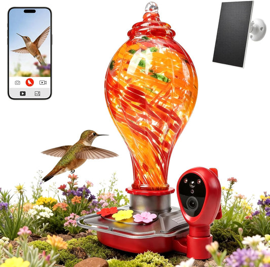 Smart Hummingbird Feeder with Camera, Solar Powered 2K HD Live View Glass Station, AI Bird ID & Motion Alerts, Auto Nectar Monitor, Leakproof Water Moat,Hummingbird Feeders for Outdoors & Hanging Gift