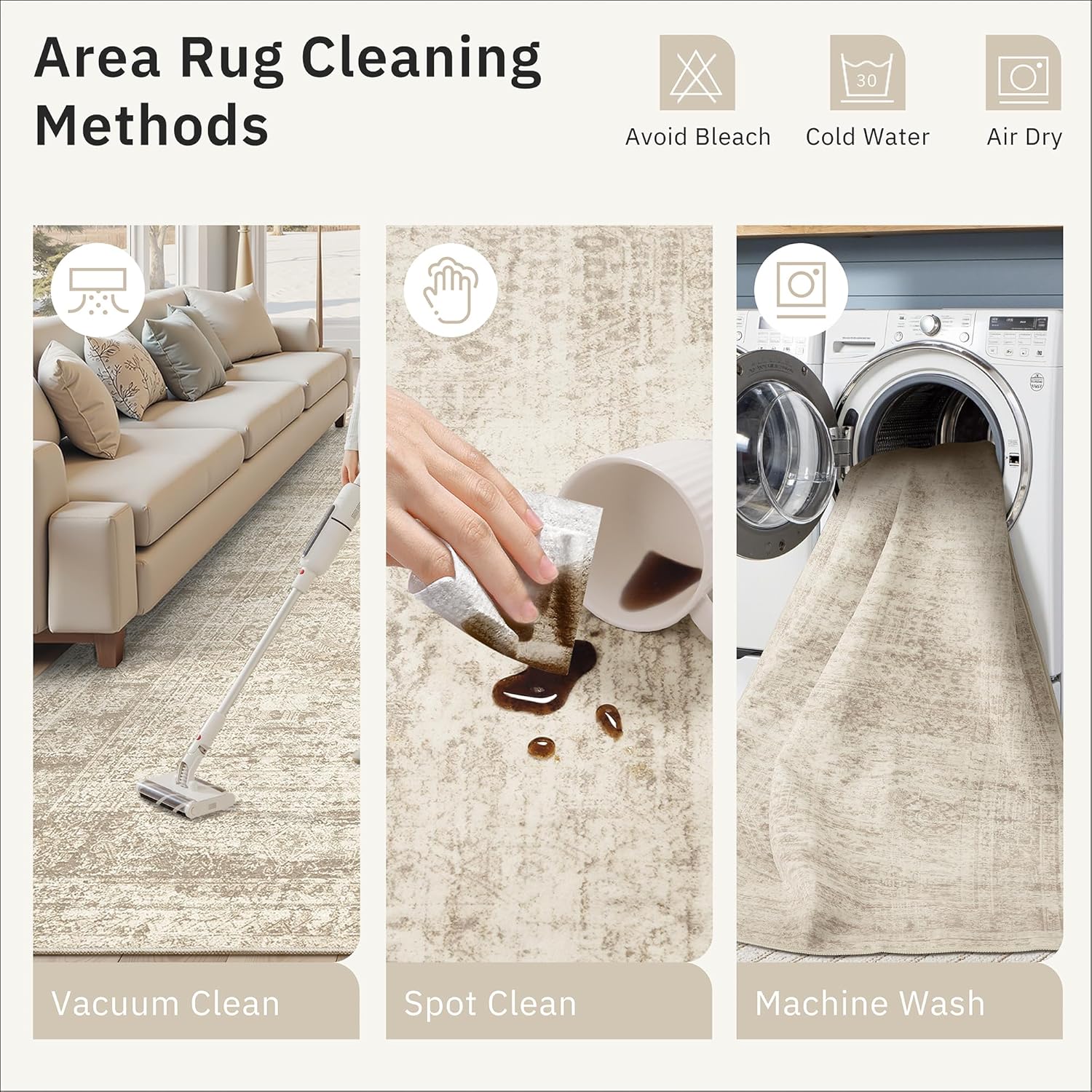 Washable Area Rug 8x10, Large Soft Rugs for Living Room Vintage Beige 
