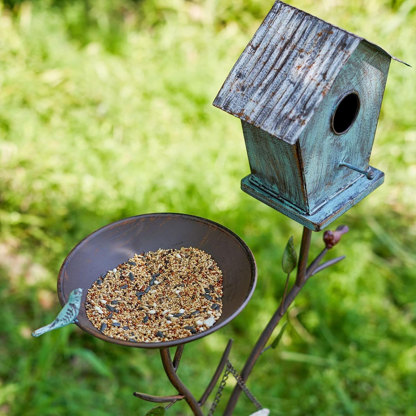 Bird Baths and BirdHouses with Pole, Distressed Metal Bird Bath Bowl a