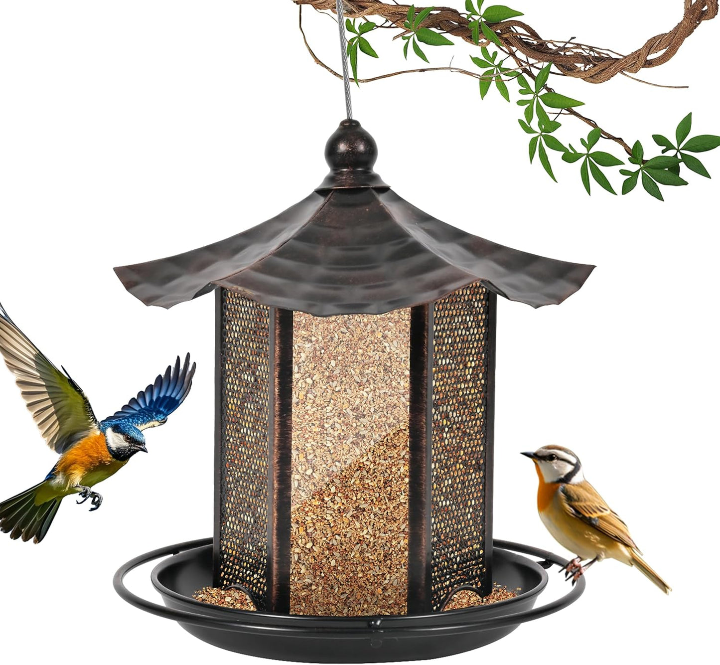 CVHOMEDECO. Bird Feeders for Outdoors Hanging Metal Bird Feeder for Wild Bird, Garden Yard Outside Decor. Hexagon Shaped with Roof, Antique Copper
