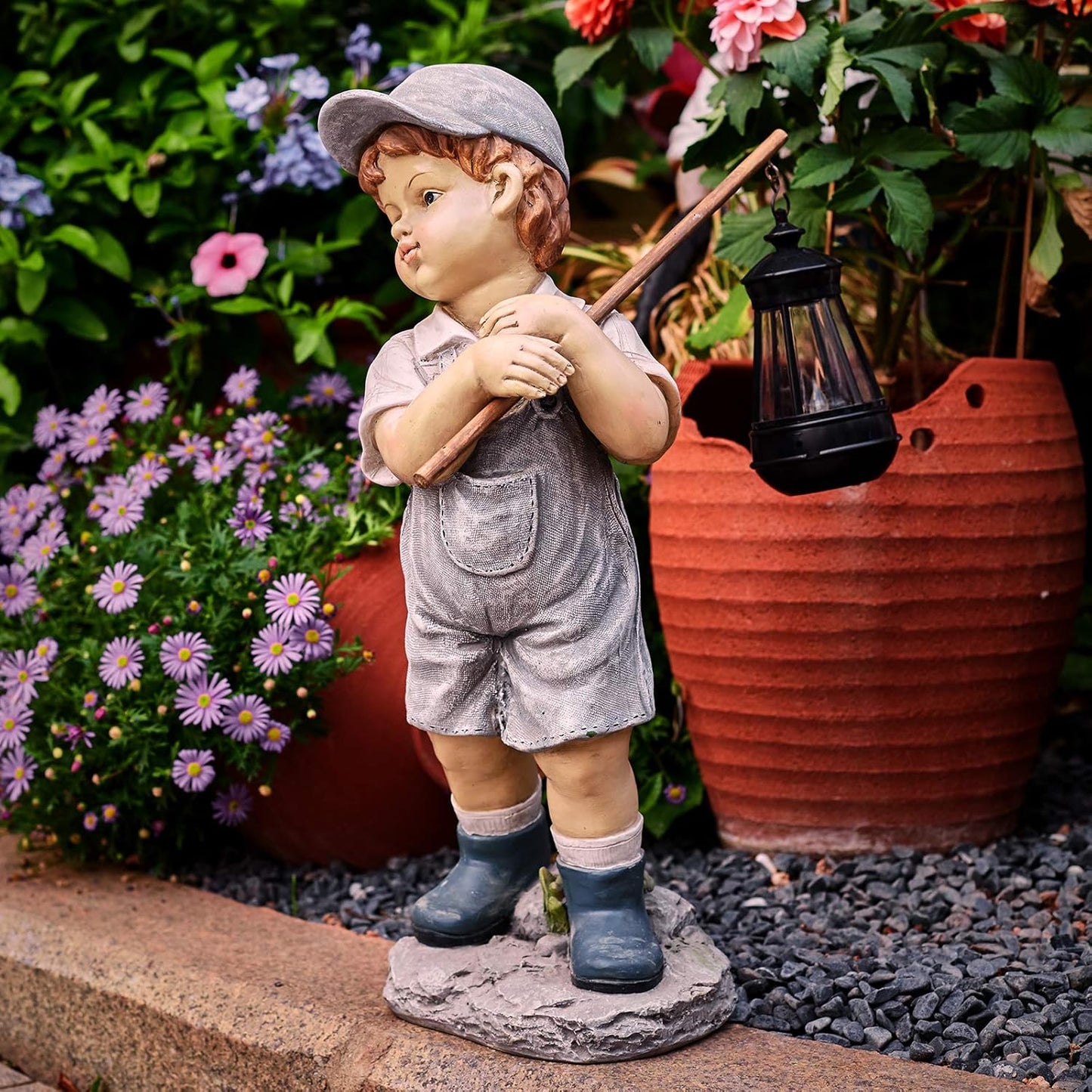 Solar Boy Statue, Boy Garden Statues with Solar Lantern for Garden, Patio, Lawn, Yard, Housewarming, Hand-Painted Sculpted Figure, 17.5”H