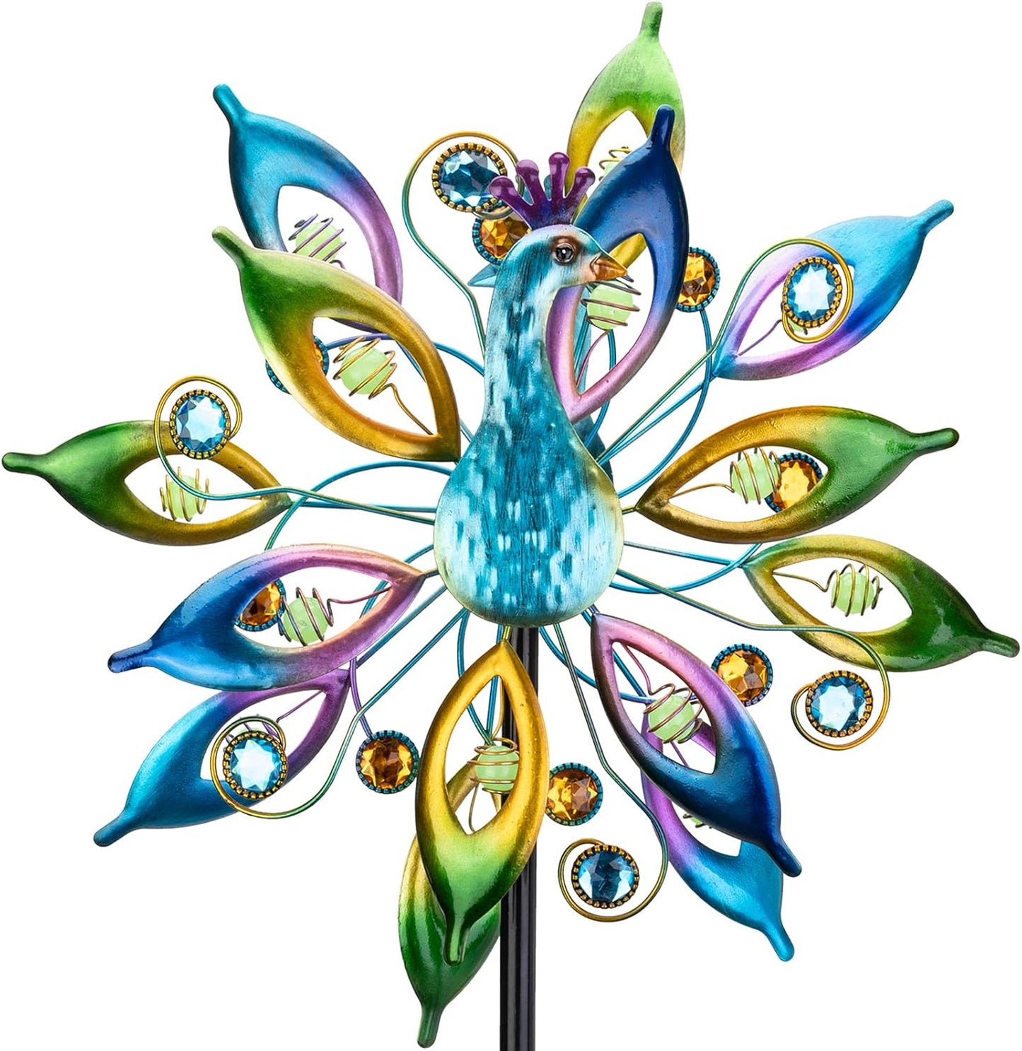 DREAMYSOUL Outdoor Peacock Wind Spinners with Gem Decor, 13" D*65" H Double Sided Kinetic Wind Sculptures & Spinners, Metal Peacock Decor for Garden Yard Lawn