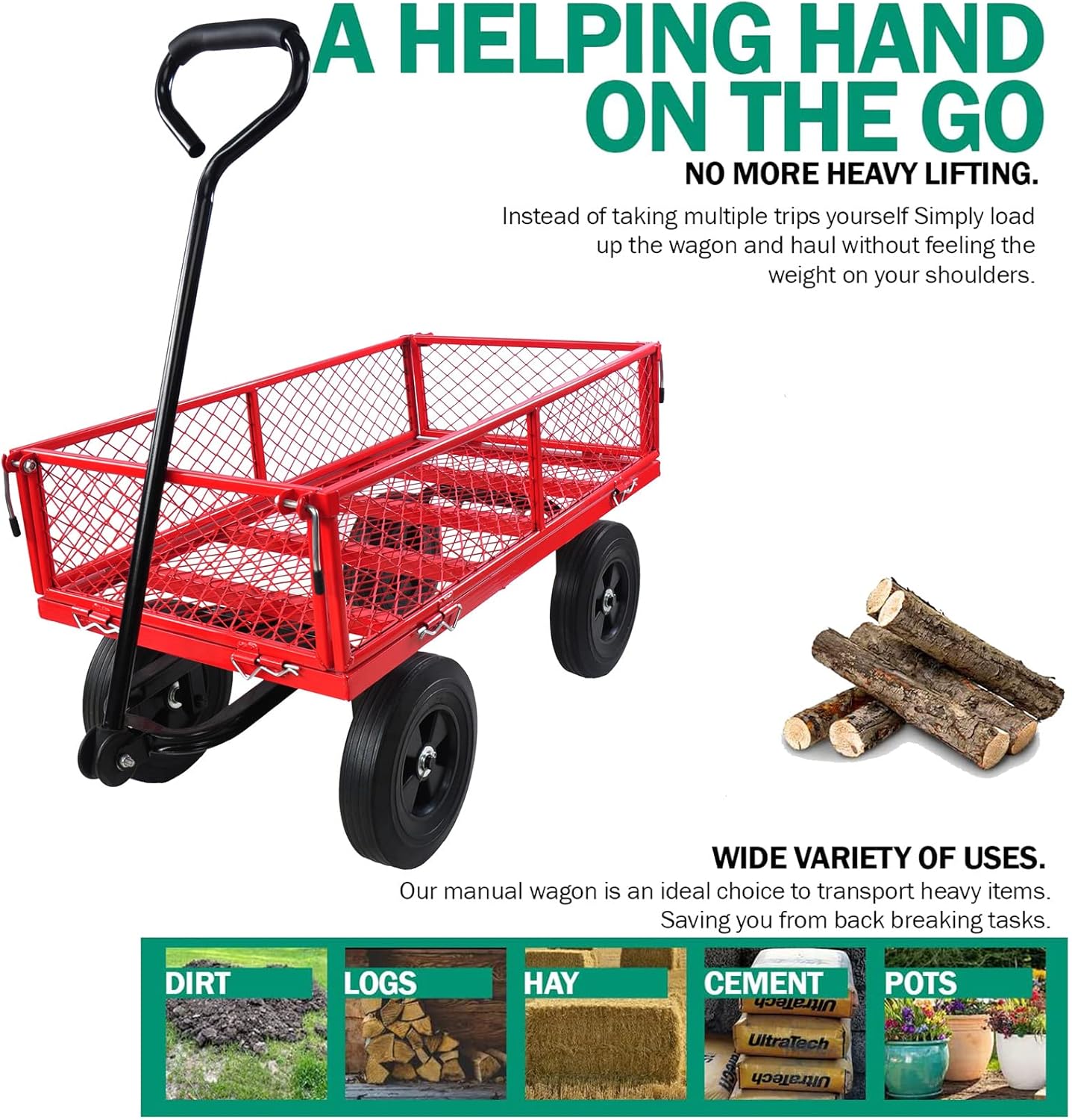Garden Cart Outdoor Utility Wagon with Solid Wheels Beach Wagon,All Terrain Cargo Wagon with 280lbs Weight Capacity for Beach Garden Kids Children (Green2) (Red2)