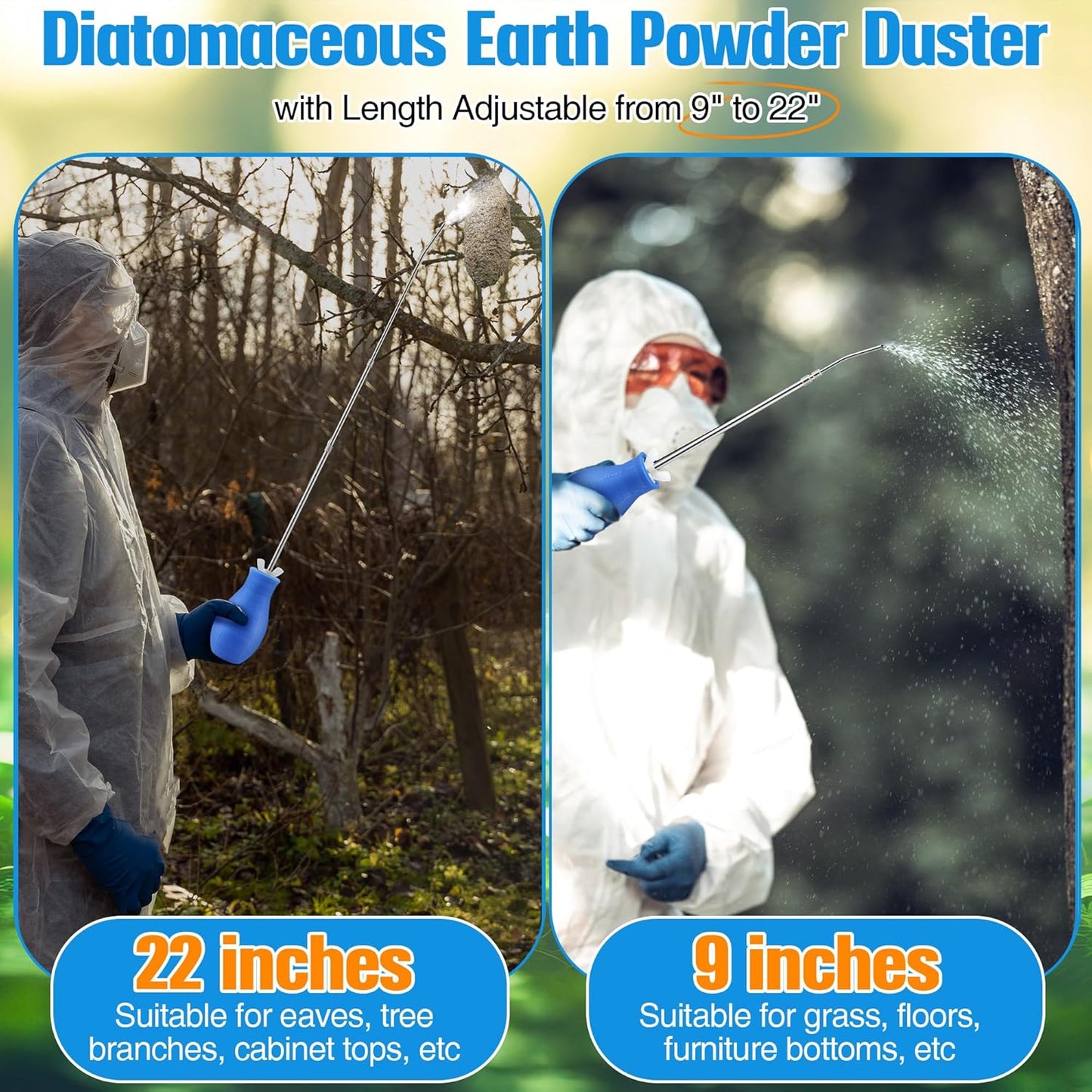 2PCS Diatomaceous Earth Powder Duster, Longer 9" to 22" Retractable Garden Powder Applicator Dispenser, 8 oz Bulb Duster Sprayer Insect for Home Organic Gardening Agricultural Supply (Blue)