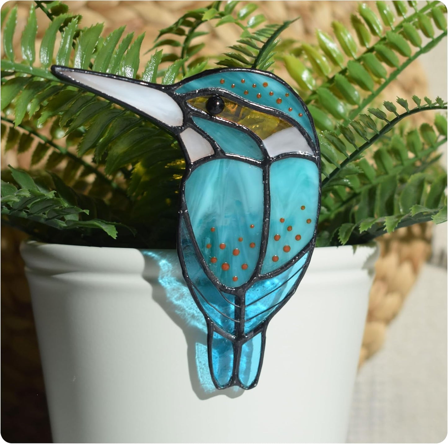 Lolitarcrafts Stained Glass Kingfisher Suncatcher for Planter Decoration-Colorful Glass Plant Pot Ornament,Bird Lover Gifts,Plant Lover Gifts