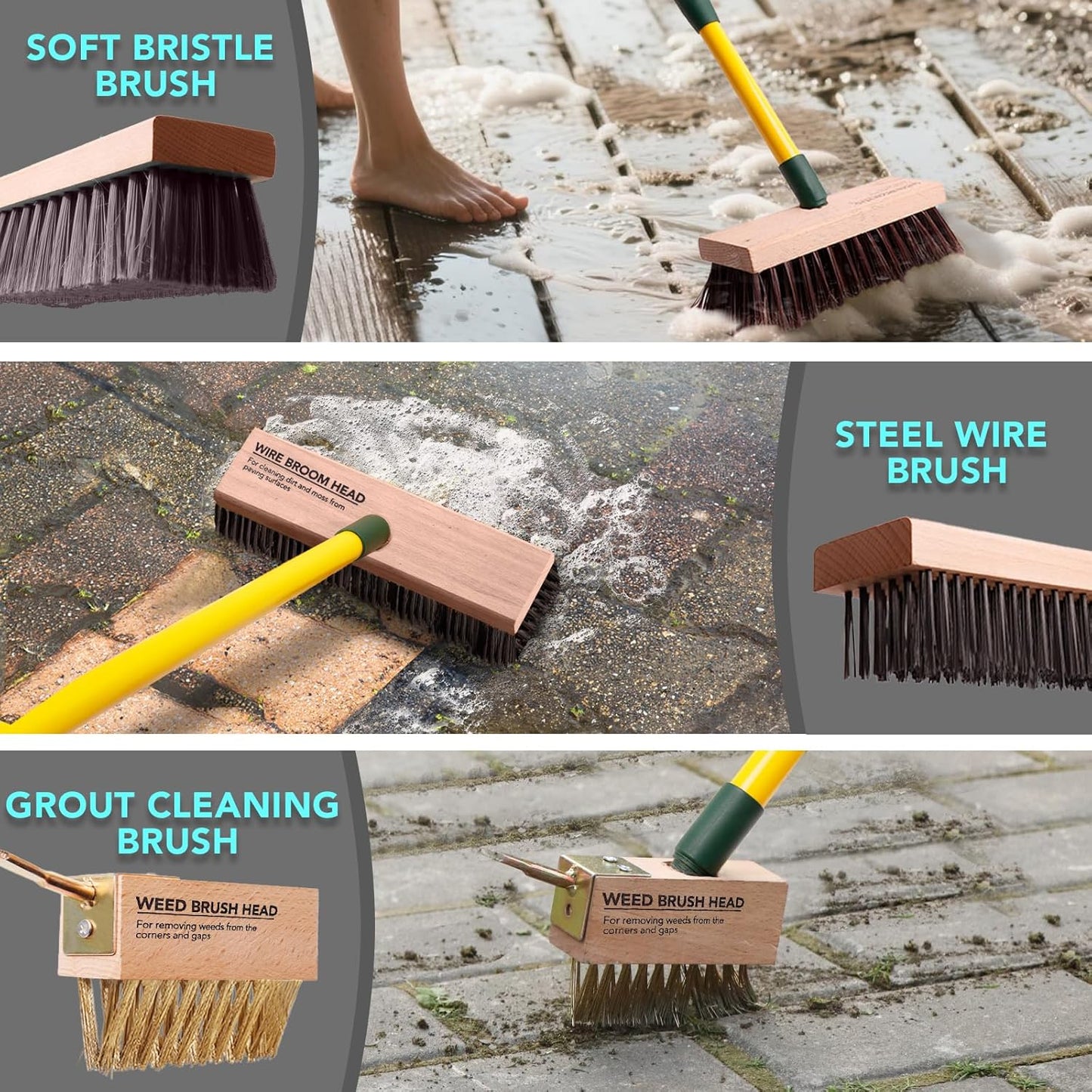 3-in-1 Wire Broom & Garden Brush Set – Adjustable 81-140cm Telescopic Handle with Nylon, Wire, and Gap Brushes for Weeding, Moss & Algae Removal, Patio Cleaning, Outdoor Scrubbing