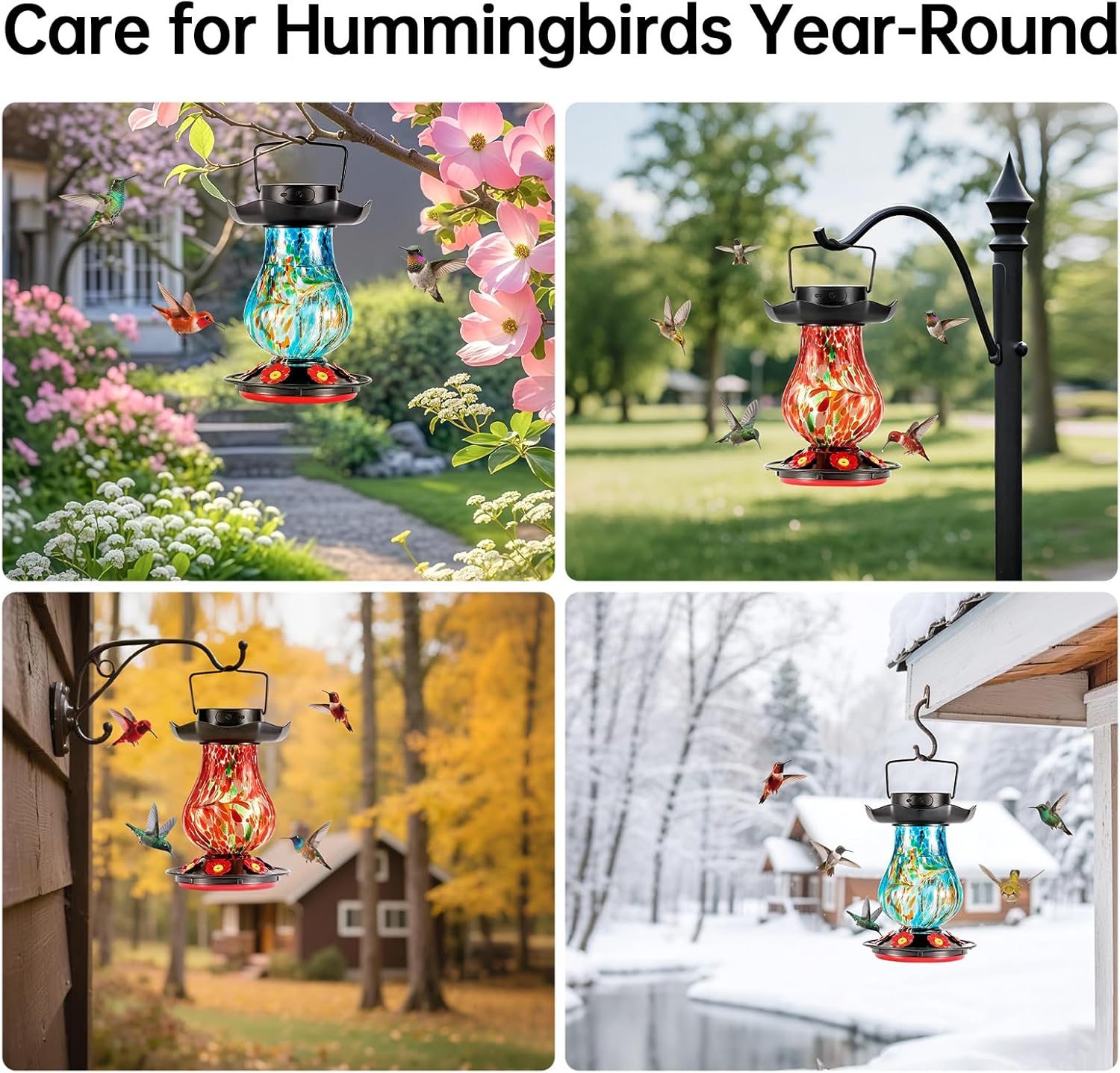 Solar Hummingbird Feeder for Outdoor - 25 fl.oz Hand Blown Glass Hummi