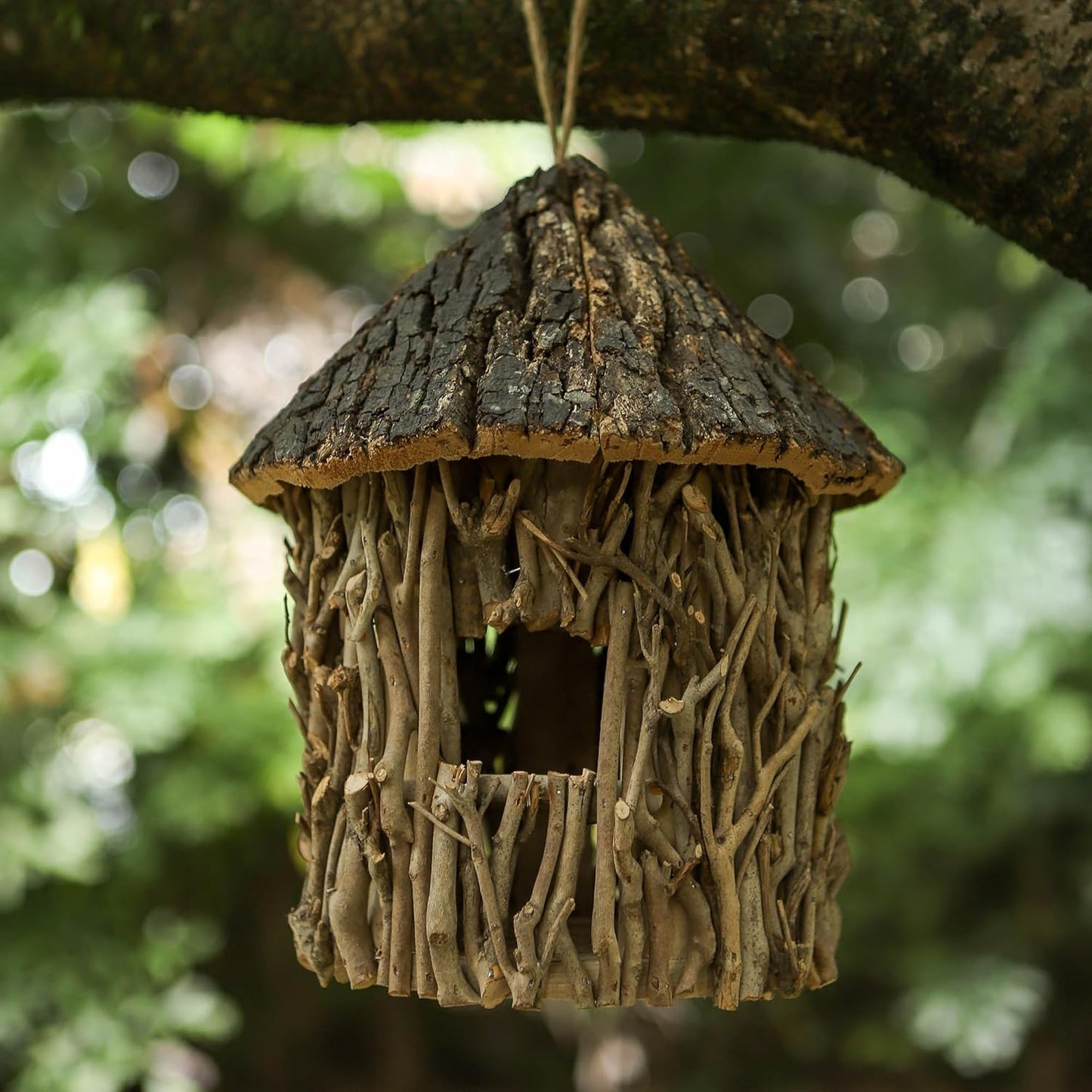 Twig-Covered Cylinder Birdhouse Squirrel House, 2.4" Entry for Medium Birds, Natural Branch Exterior & Waterproof Interior, Woodland Garden Backyard Decor