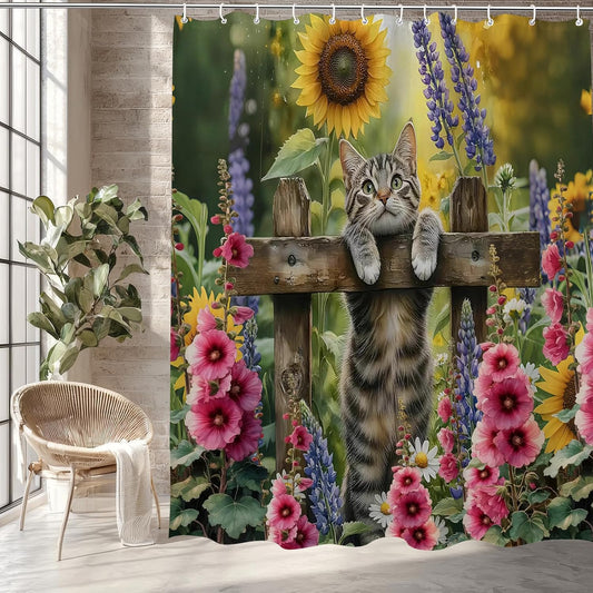 Funny Cat Shower Curtain Flower Sunflowers Helenium Cute Kitten,Spring