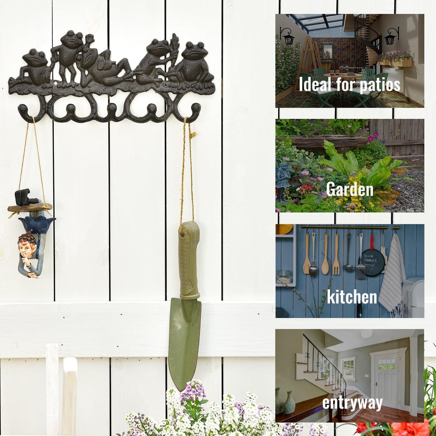 Sungmor Cast Iron Animal Wall Hook Rack - Rustic Decorative Key Holder with 5 Hooks, Lovely Frog Coat Hanger - Vintage Metal Organizer for Entryway, Garden, Mudroom, or Kitchen