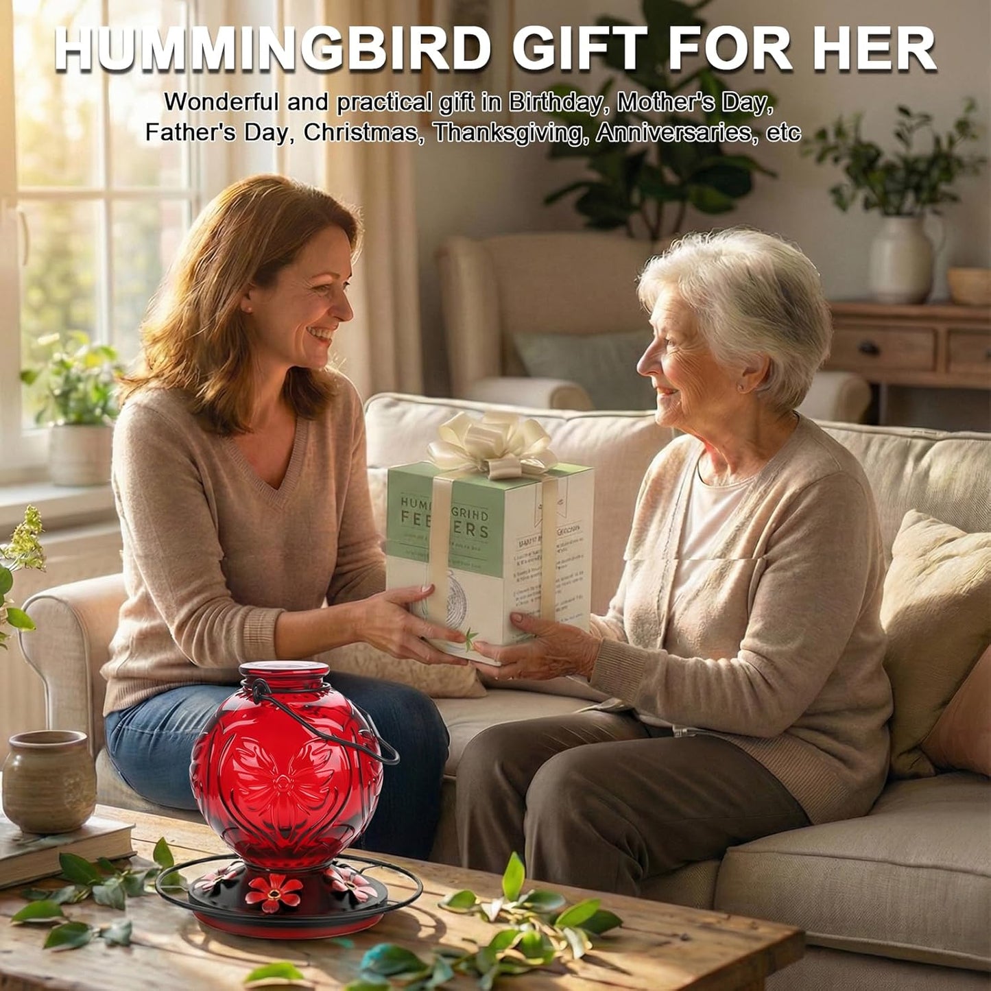 Glass Hummingbird Feeder for Outdoors Hanging, 25Oz Humming Bird Necta
