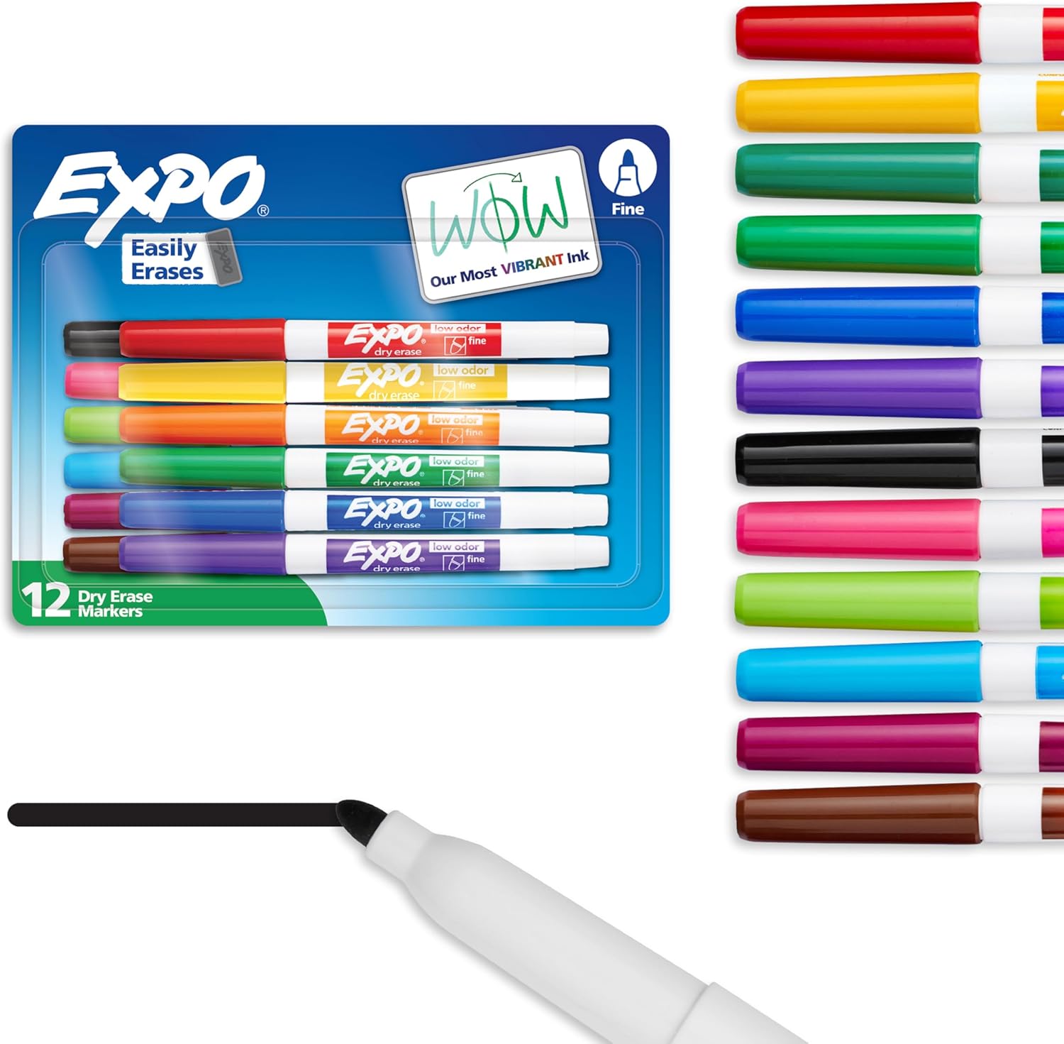 EXPO Dry Erase Markers, Low Odor Ink, Assorted Colors, Fine Tip, 12 Co